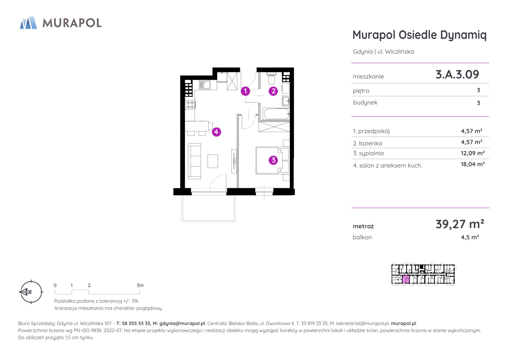 Mieszkanie 39,27 m², piętro 3, oferta nr 3.A.3.09, Murapol Osiedle Dynamiq, Gdynia, Chwarzno-Wiczlino, ul. Wiczlińska-idx