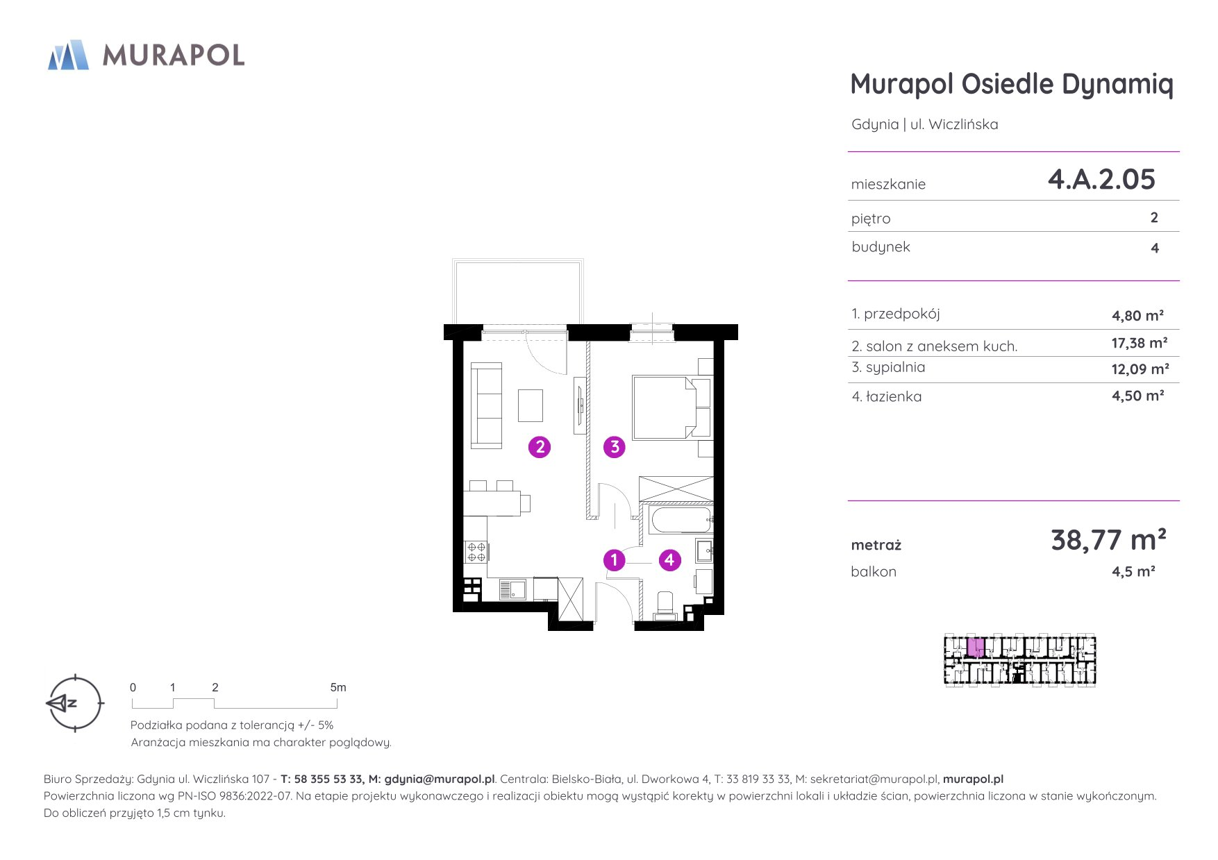 Mieszkanie 38,77 m², piętro 2, oferta nr 4.A.2.05, Murapol Osiedle Dynamiq, Gdynia, Chwarzno-Wiczlino, ul. Wiczlińska-idx