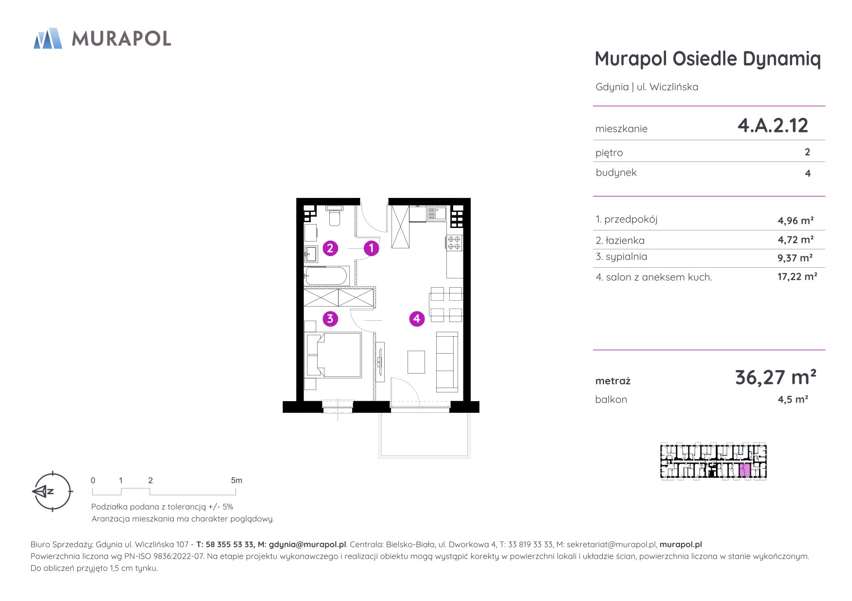 Mieszkanie 36,27 m², piętro 2, oferta nr 4.A.2.12, Murapol Osiedle Dynamiq, Gdynia, Chwarzno-Wiczlino, ul. Wiczlińska-idx