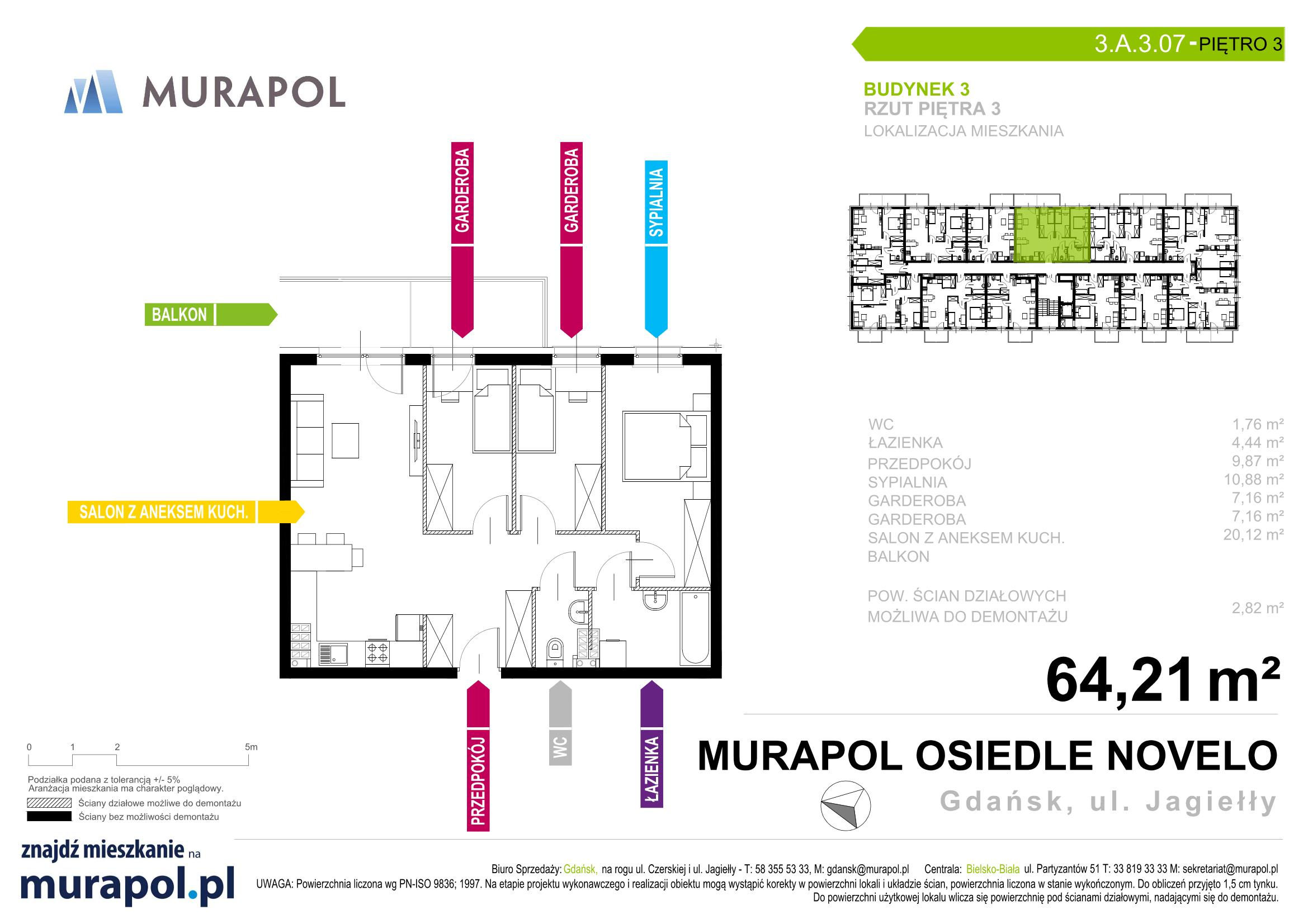 Mieszkanie 64,21 m², piętro 3, oferta nr 3.A.3.07, Murapol Osiedle Novelo, Gdańsk, Orunia Górna-Gdańsk Południe, Gdańsk-Południe, ul. Władysława Jagiełły-idx