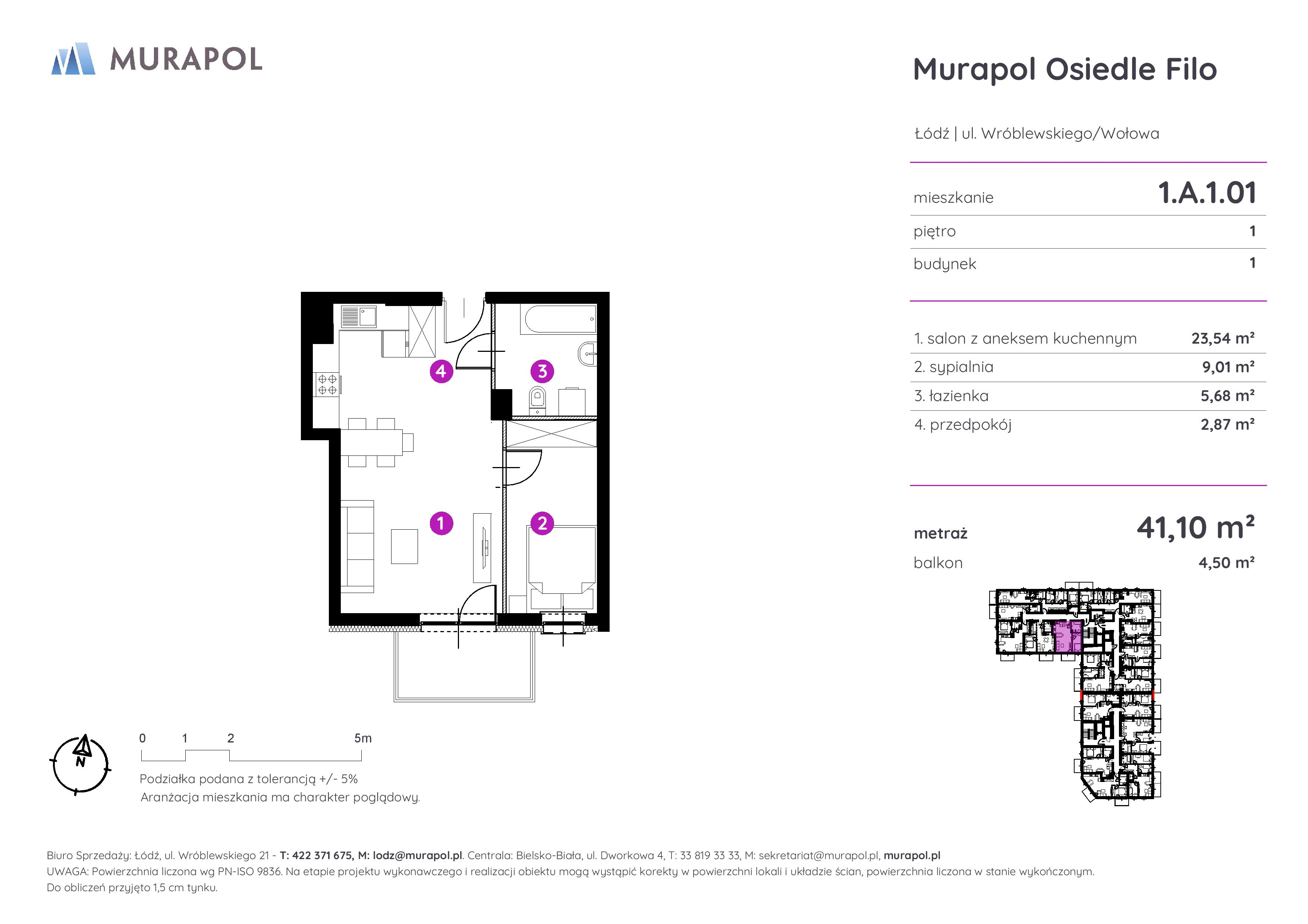 Mieszkanie 41,10 m², piętro 1, oferta nr 1.A.1.01, Murapol Osiedle Filo, Łódź, Polesie, Stare Polesie, ul. Wołowa-idx