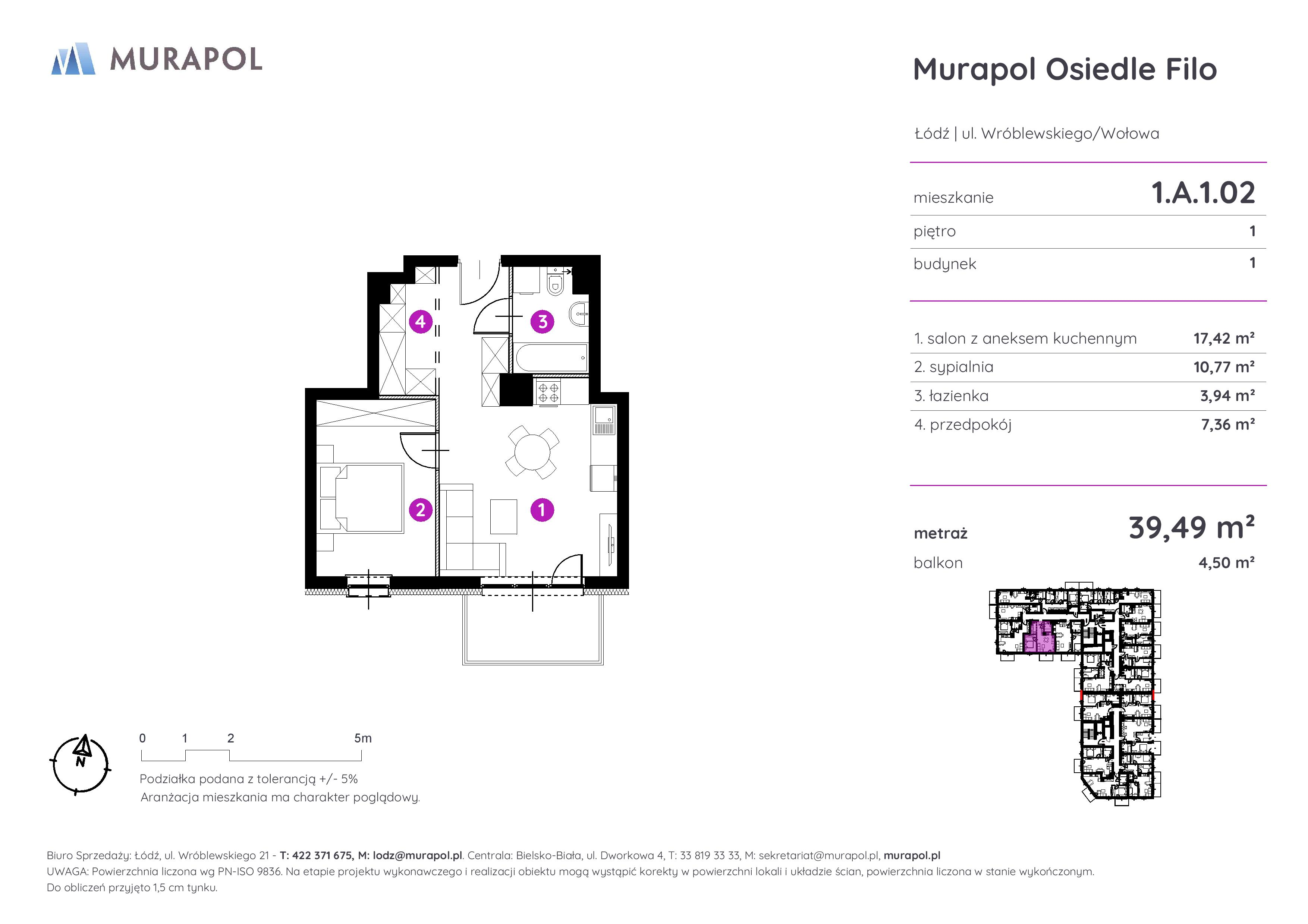 Mieszkanie 39,49 m², piętro 1, oferta nr 1.A.1.02, Murapol Osiedle Filo, Łódź, Polesie, Stare Polesie, ul. Wołowa-idx