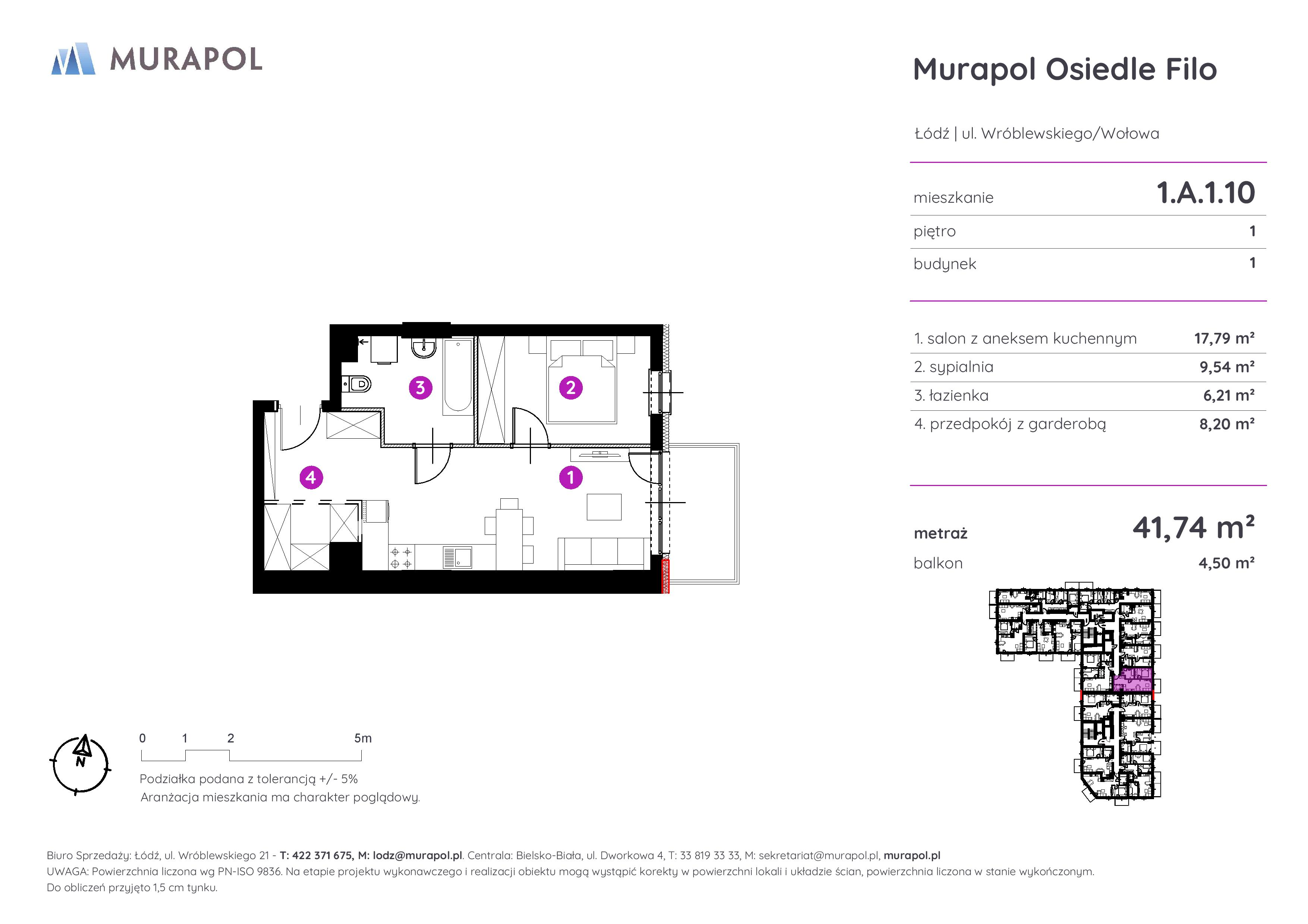 Mieszkanie 41,74 m², piętro 1, oferta nr 1.A.1.10, Murapol Osiedle Filo, Łódź, Polesie, Stare Polesie, ul. Wołowa-idx