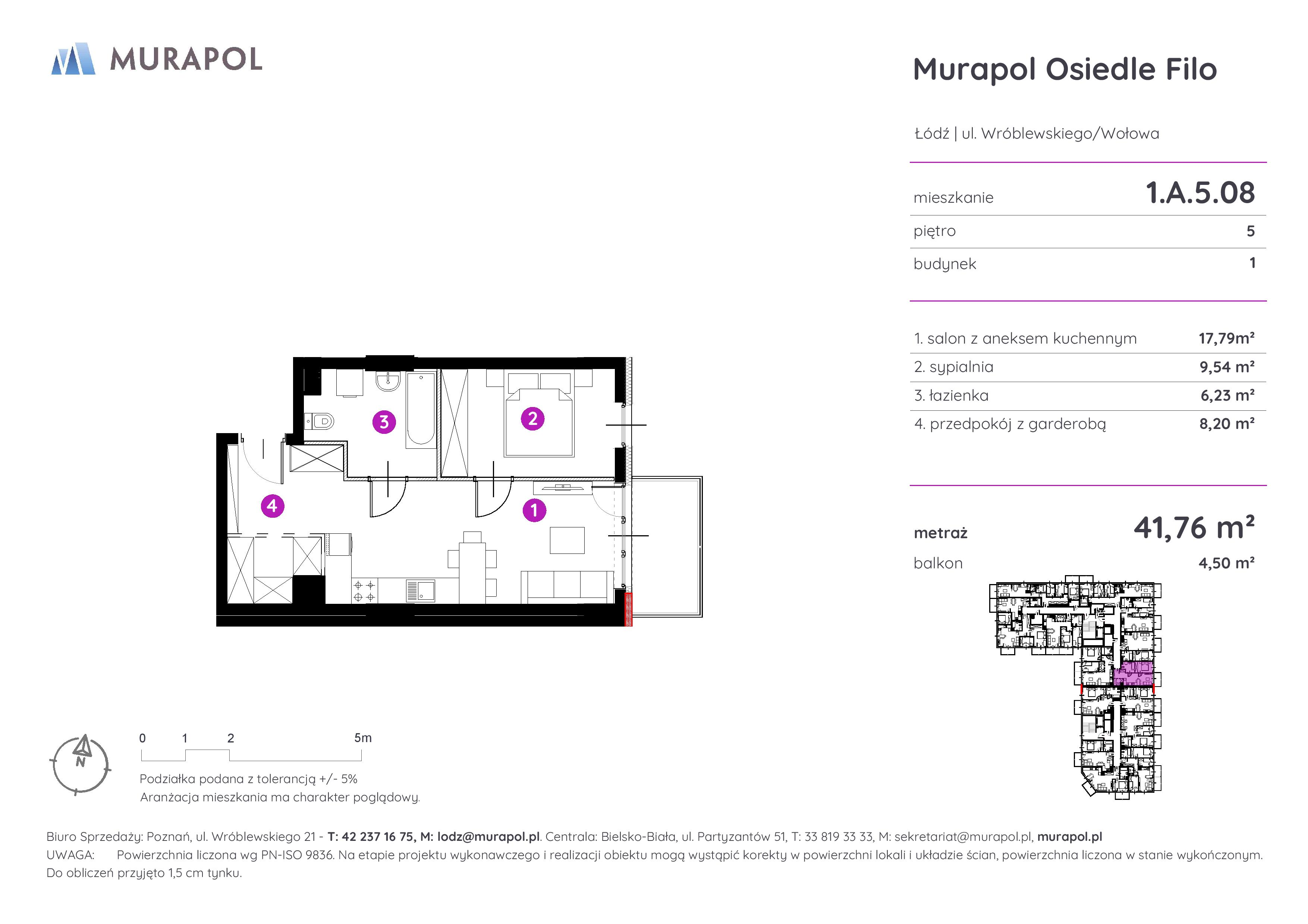 Mieszkanie 41,76 m², piętro 5, oferta nr 1.A.5.08, Murapol Osiedle Filo, Łódź, Polesie, Stare Polesie, ul. Wołowa-idx