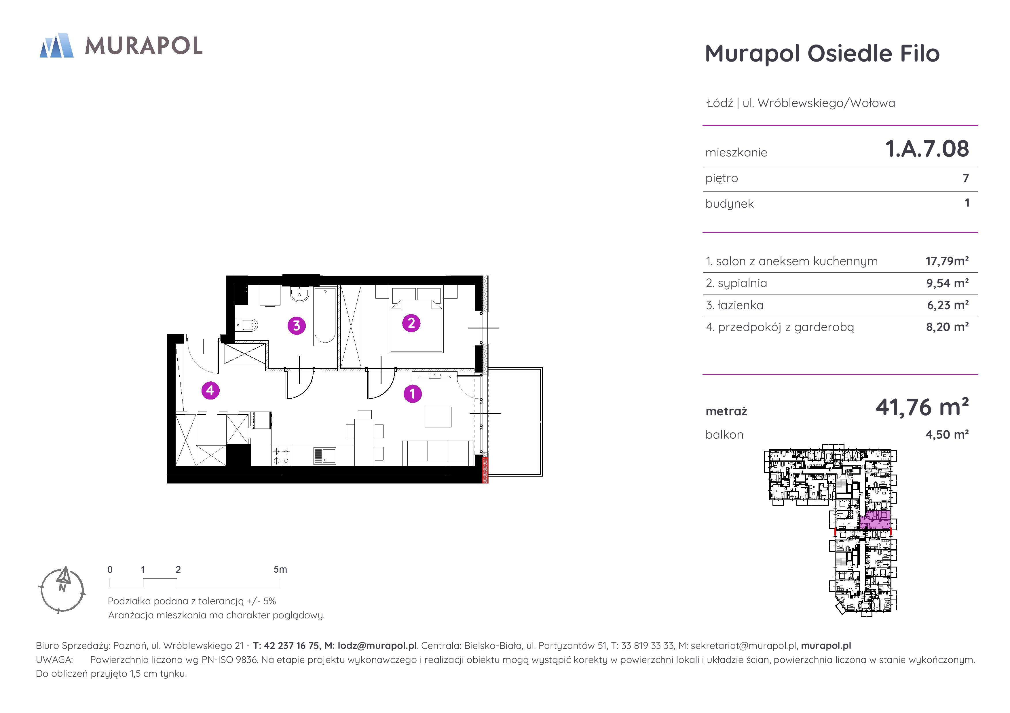 Mieszkanie 41,76 m², piętro 7, oferta nr 1.A.7.08, Murapol Osiedle Filo, Łódź, Polesie, Stare Polesie, ul. Wołowa-idx