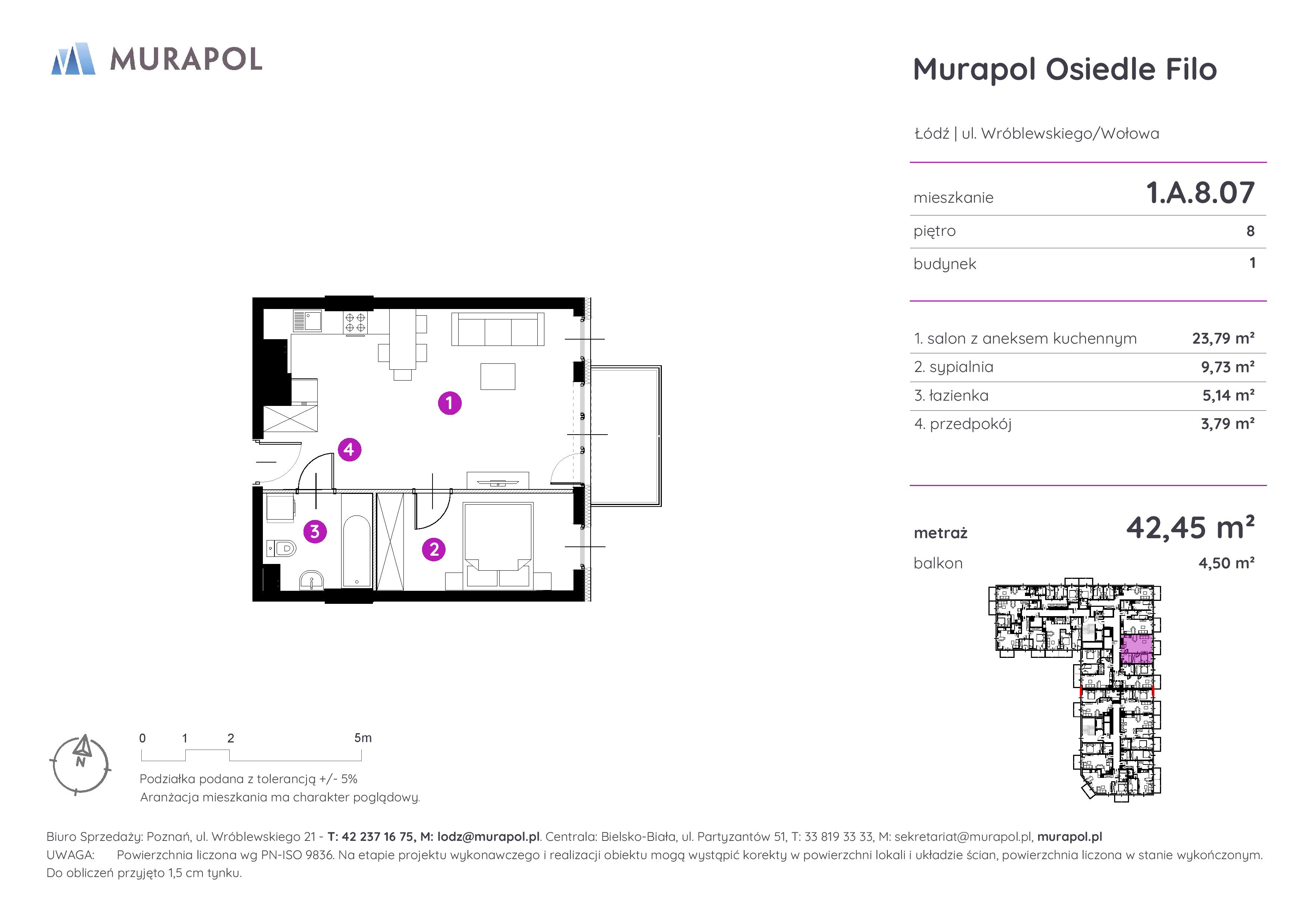 Mieszkanie 42,45 m², piętro 8, oferta nr 1.A.8.07, Murapol Osiedle Filo, Łódź, Polesie, Stare Polesie, ul. Wołowa-idx