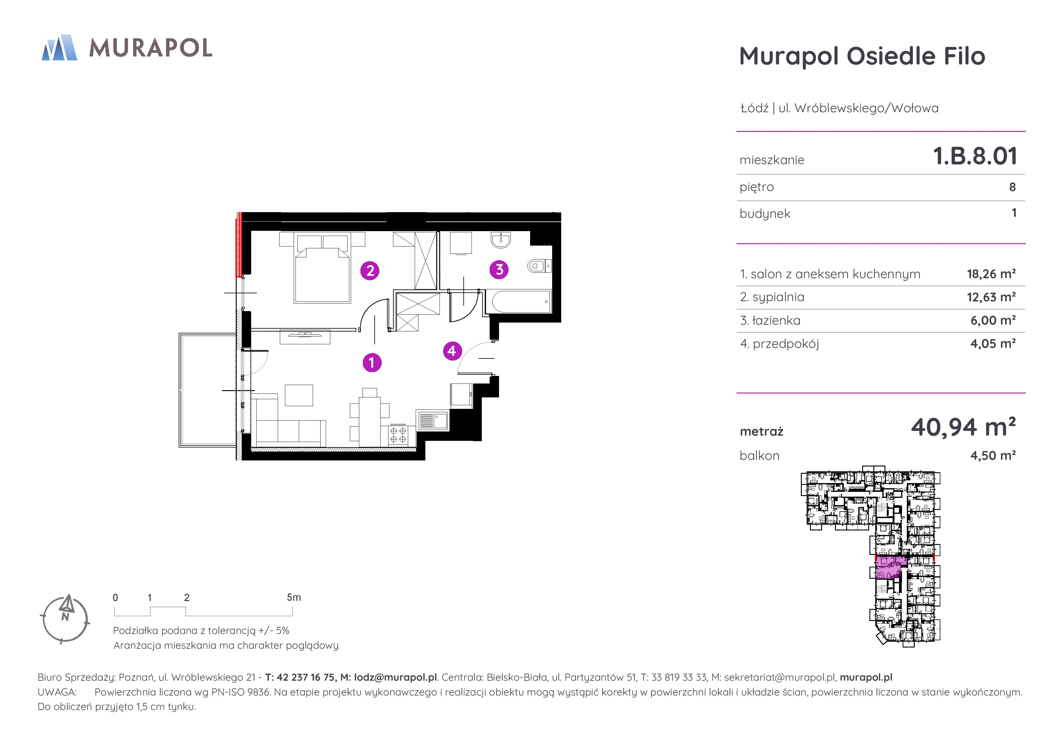 Mieszkanie 40,94 m², piętro 8, oferta nr 1.B.8.01, Murapol Osiedle Filo, Łódź, Polesie, Stare Polesie, ul. Wołowa-idx