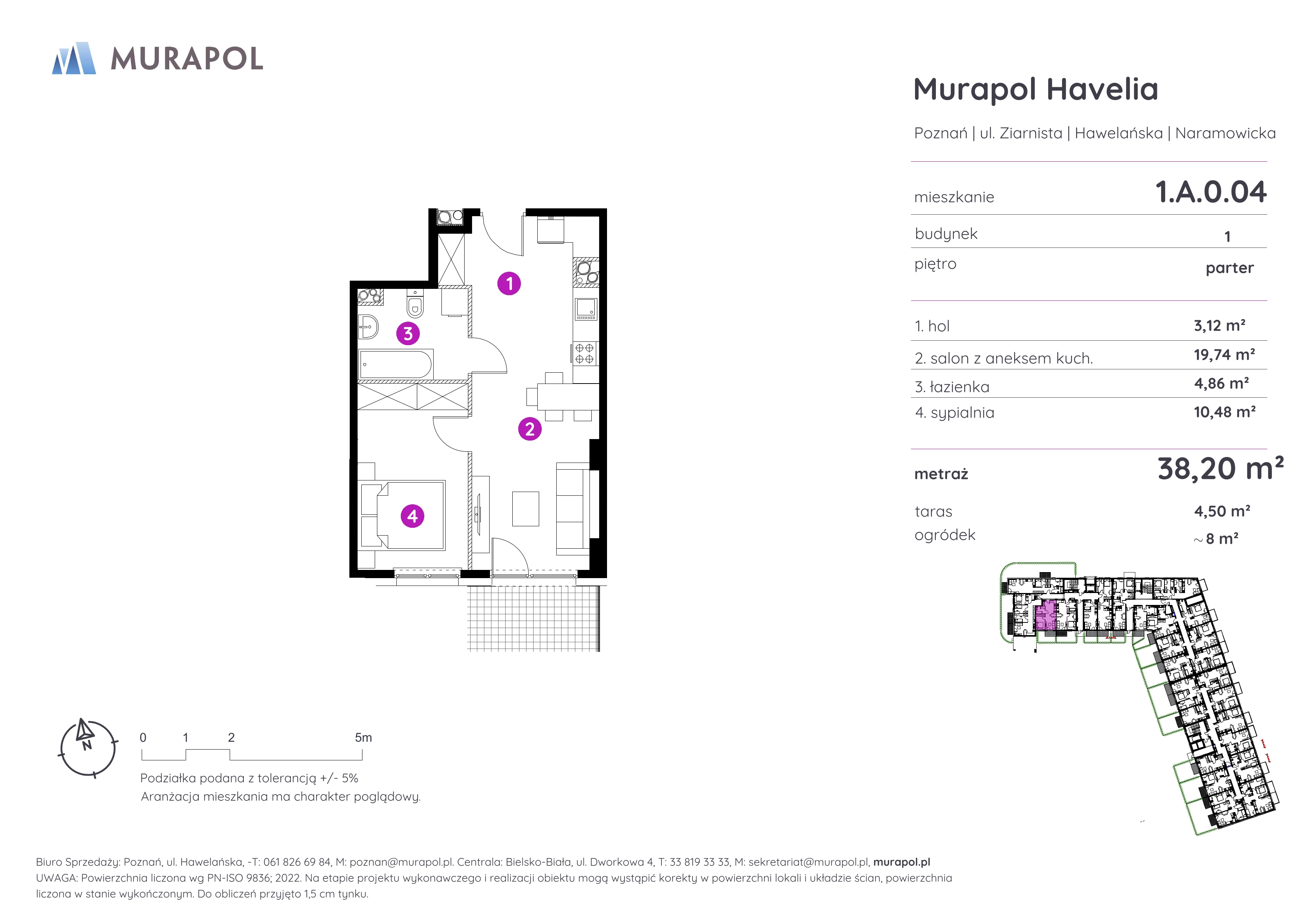 Mieszkanie 38,20 m², parter, oferta nr 1.A.0.04, Murapol Havelia, Poznań, Winogrady, Stare Winogrady, ul. Ziarnista / Naramowicka-idx