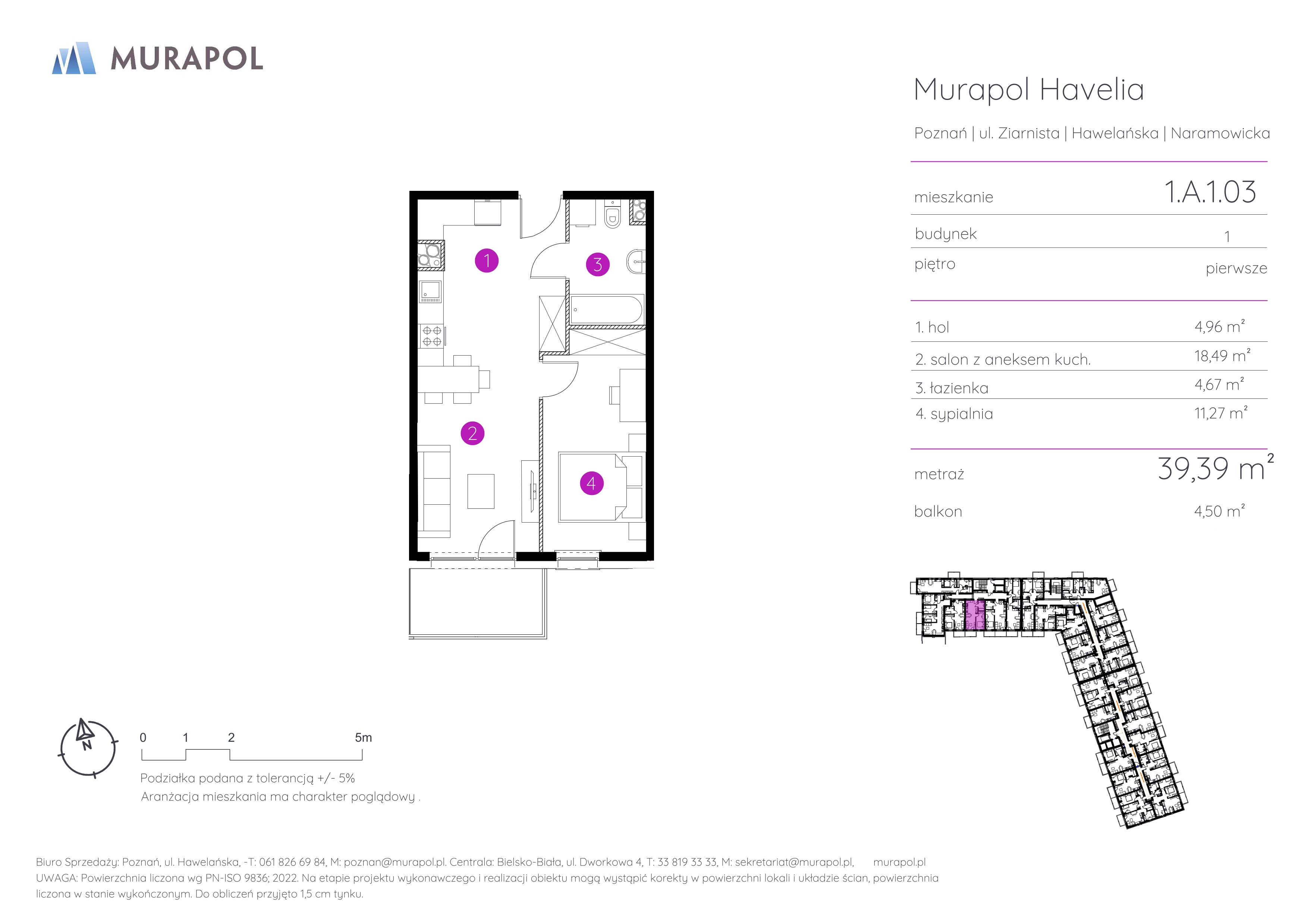 Mieszkanie 39,39 m², piętro 1, oferta nr 1.A.1.03, Murapol Havelia, Poznań, Winogrady, Stare Winogrady, ul. Ziarnista / Naramowicka-idx