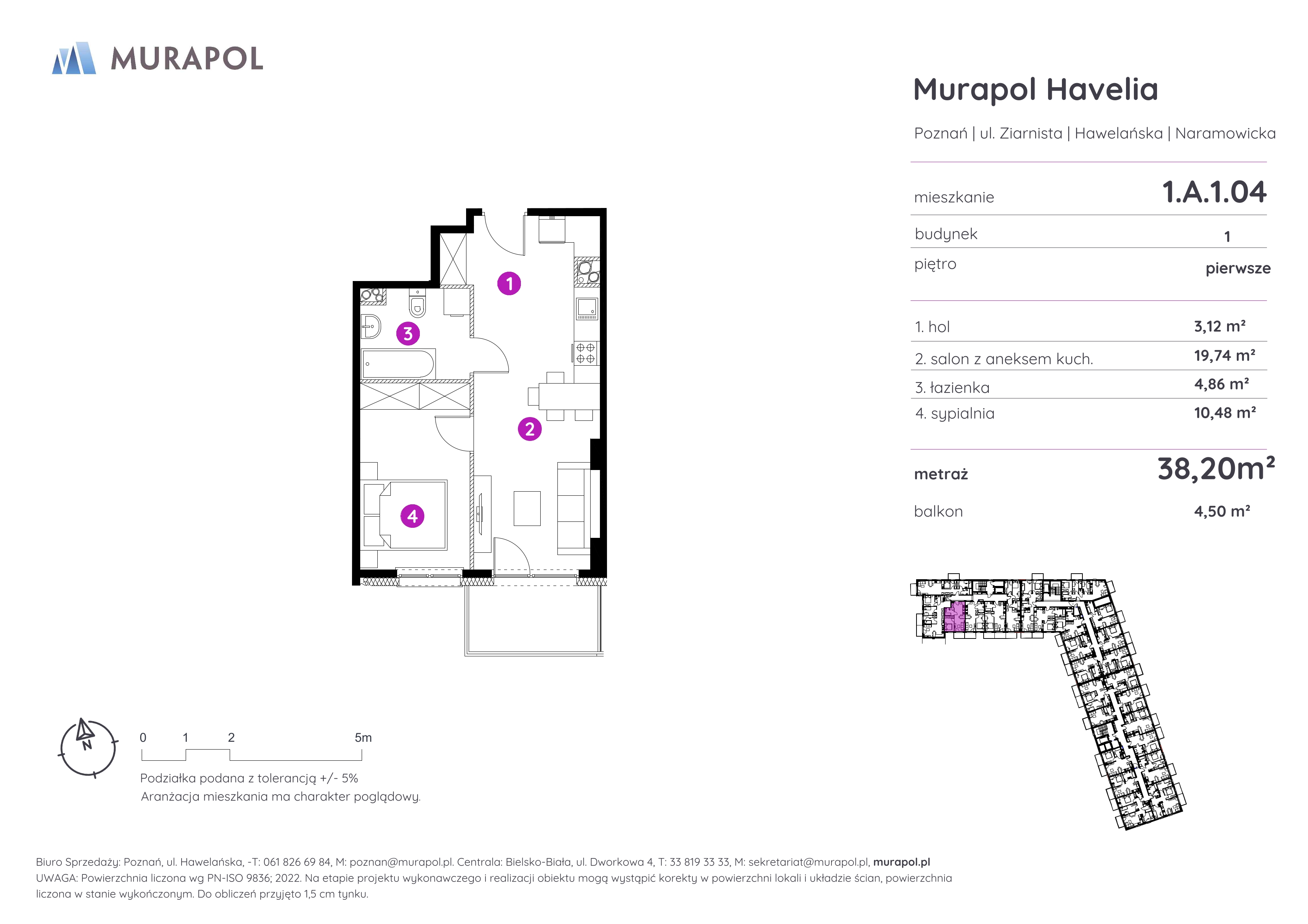 Mieszkanie 38,20 m², piętro 1, oferta nr 1.A.1.04, Murapol Havelia, Poznań, Winogrady, Stare Winogrady, ul. Ziarnista / Naramowicka-idx