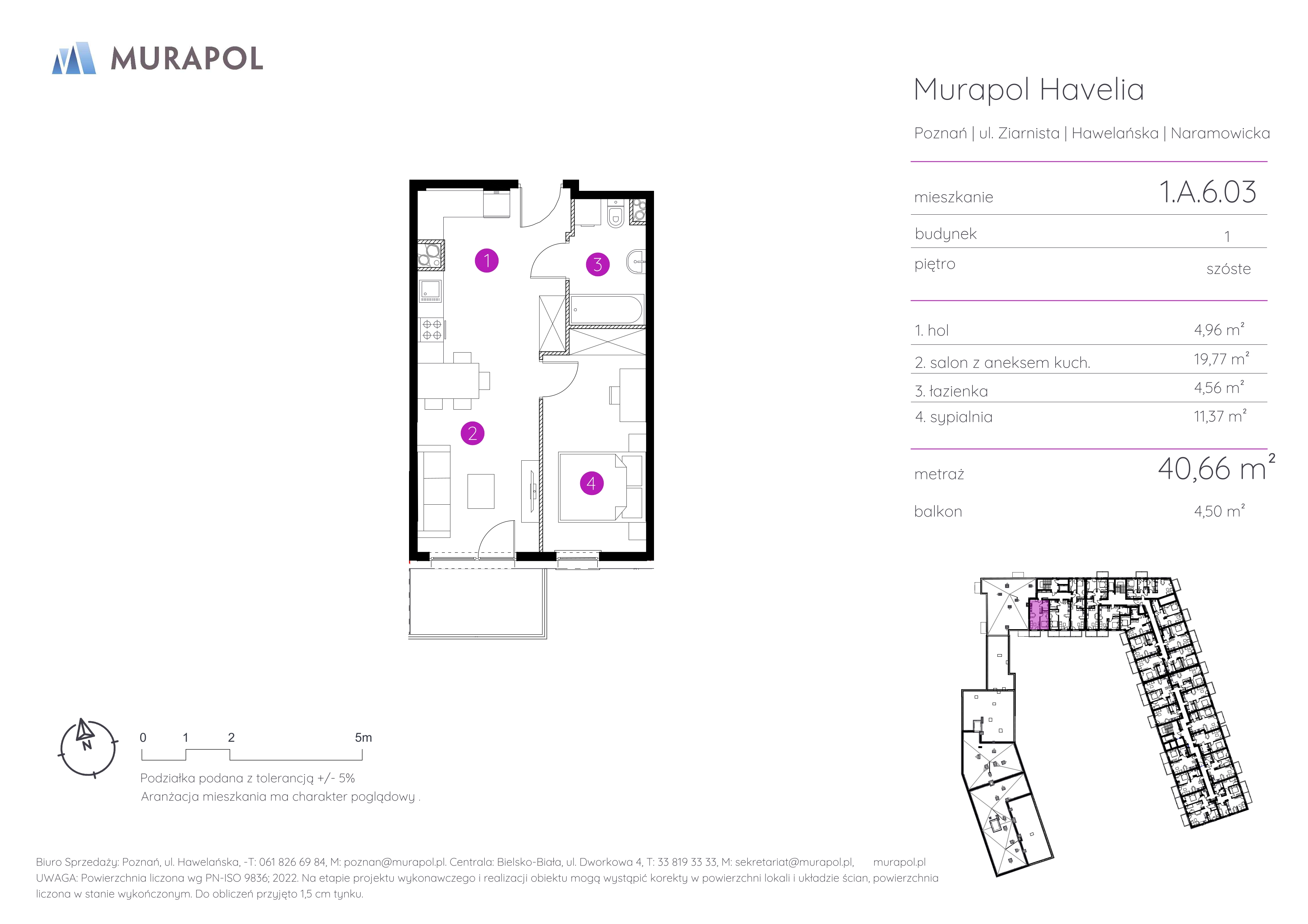 Mieszkanie 40,66 m², piętro 6, oferta nr 1.A.6.03, Murapol Havelia, Poznań, Winogrady, Stare Winogrady, ul. Ziarnista / Naramowicka-idx