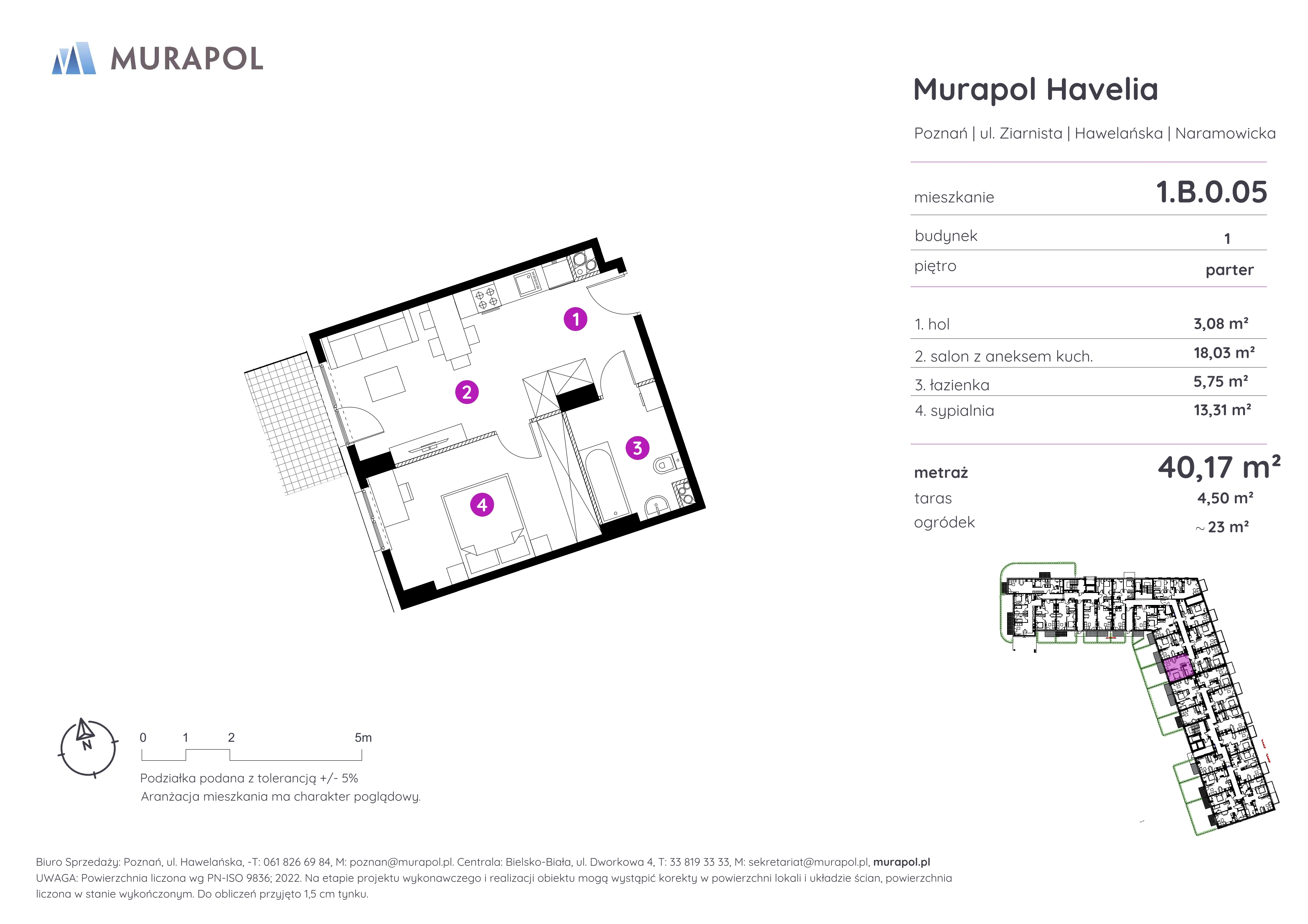 Mieszkanie 40,17 m², parter, oferta nr 1.B.0.05, Murapol Havelia, Poznań, Winogrady, Stare Winogrady, ul. Ziarnista / Naramowicka-idx