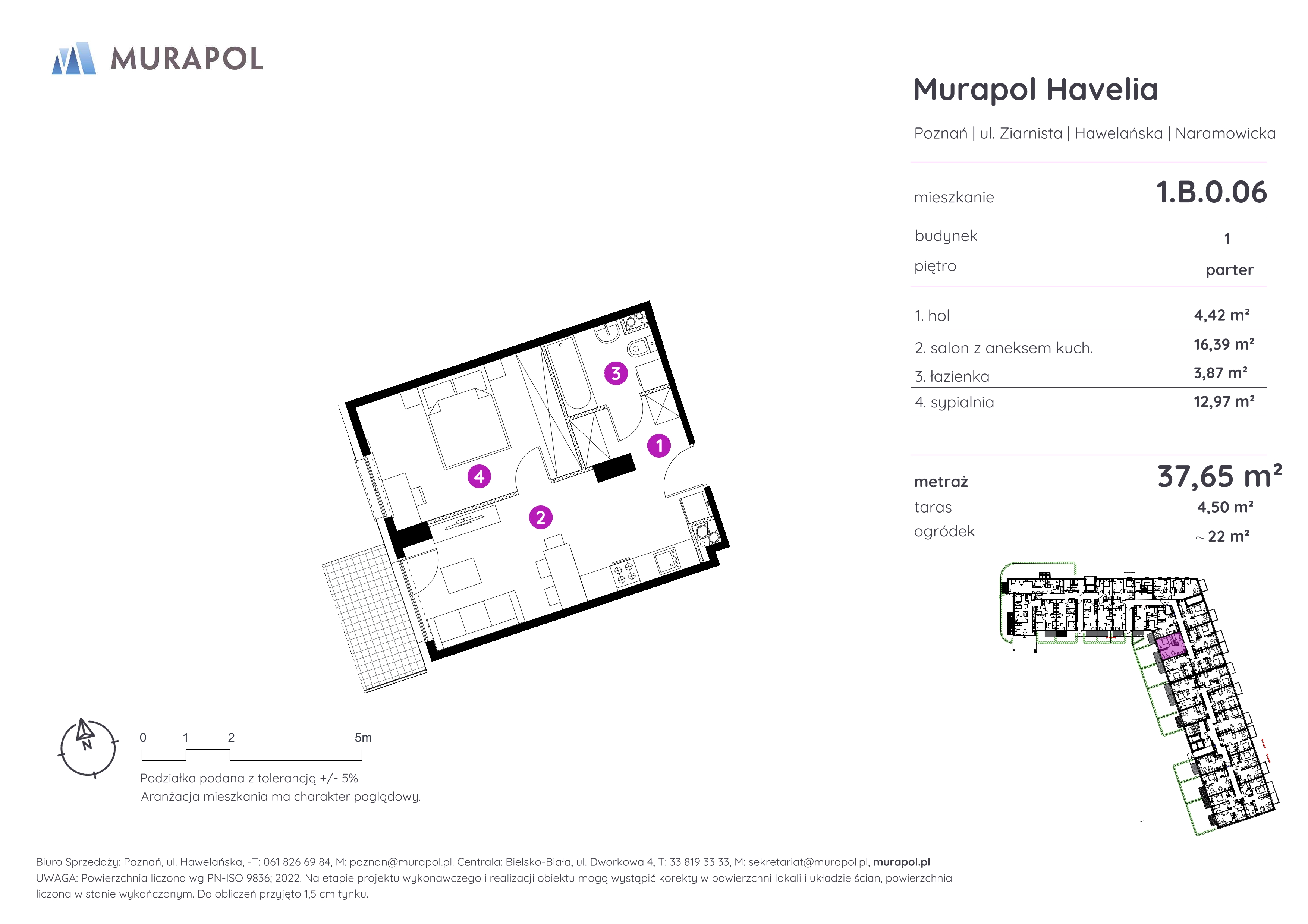 Mieszkanie 37,65 m², parter, oferta nr 1.B.0.06, Murapol Havelia, Poznań, Winogrady, Stare Winogrady, ul. Ziarnista / Naramowicka-idx