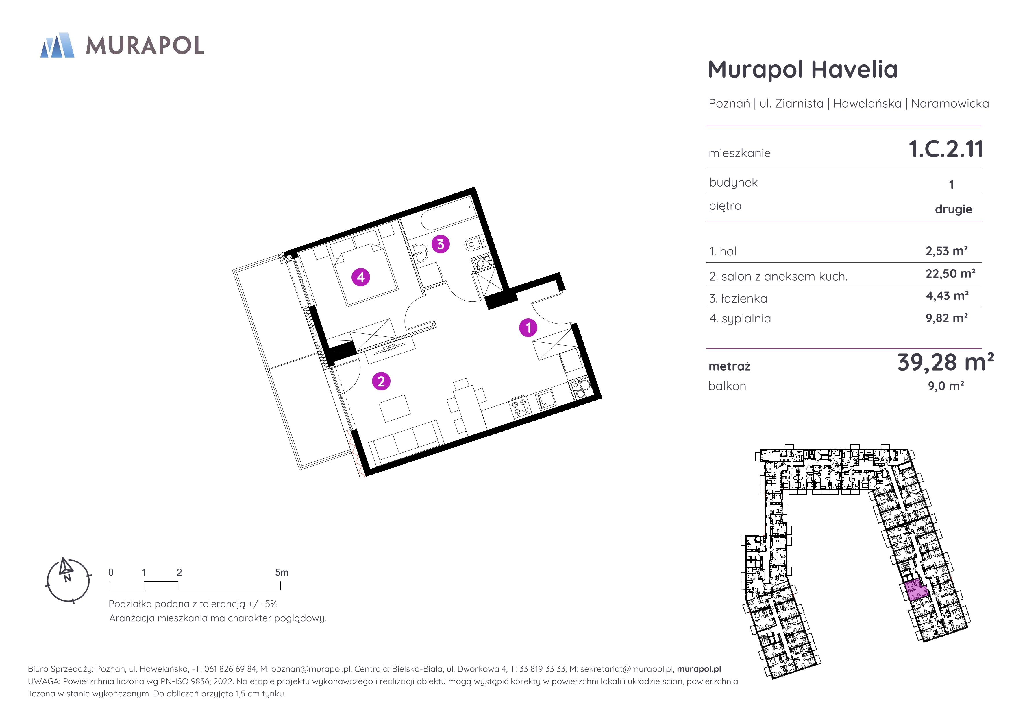 Mieszkanie 39,28 m², piętro 2, oferta nr 1.C.2.11, Murapol Havelia, Poznań, Winogrady, Stare Winogrady, ul. Ziarnista / Naramowicka-idx