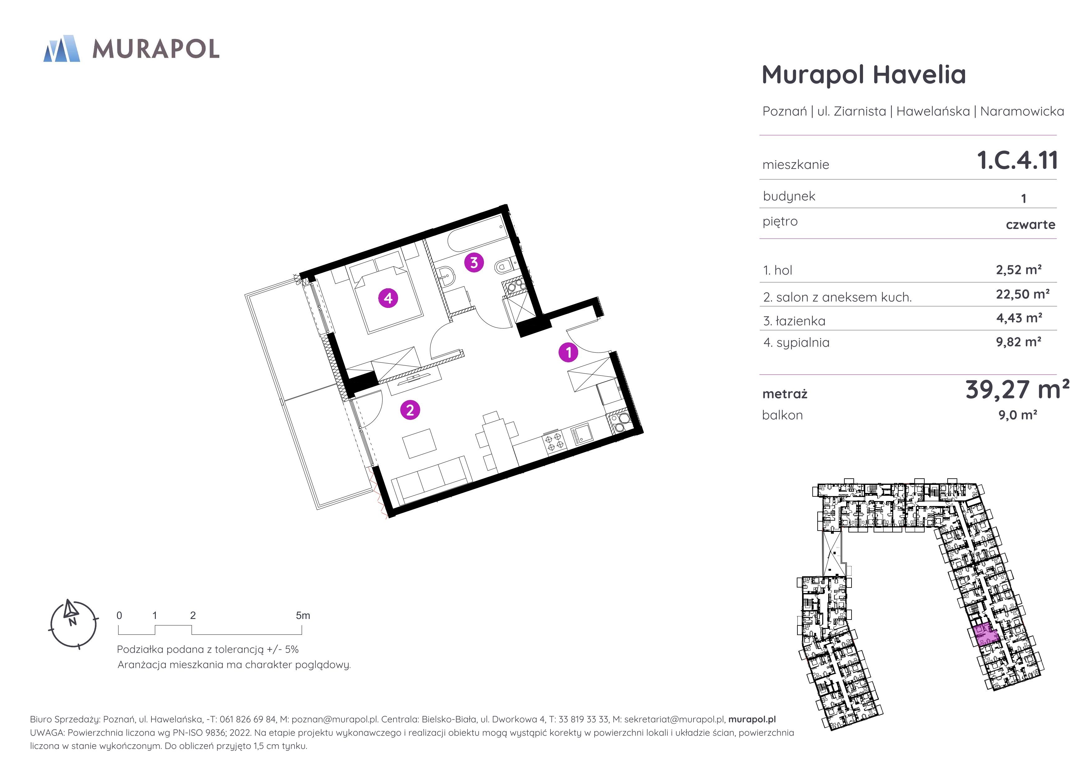 Mieszkanie 39,27 m², piętro 4, oferta nr 1.C.4.11, Murapol Havelia, Poznań, Winogrady, Stare Winogrady, ul. Ziarnista / Naramowicka-idx