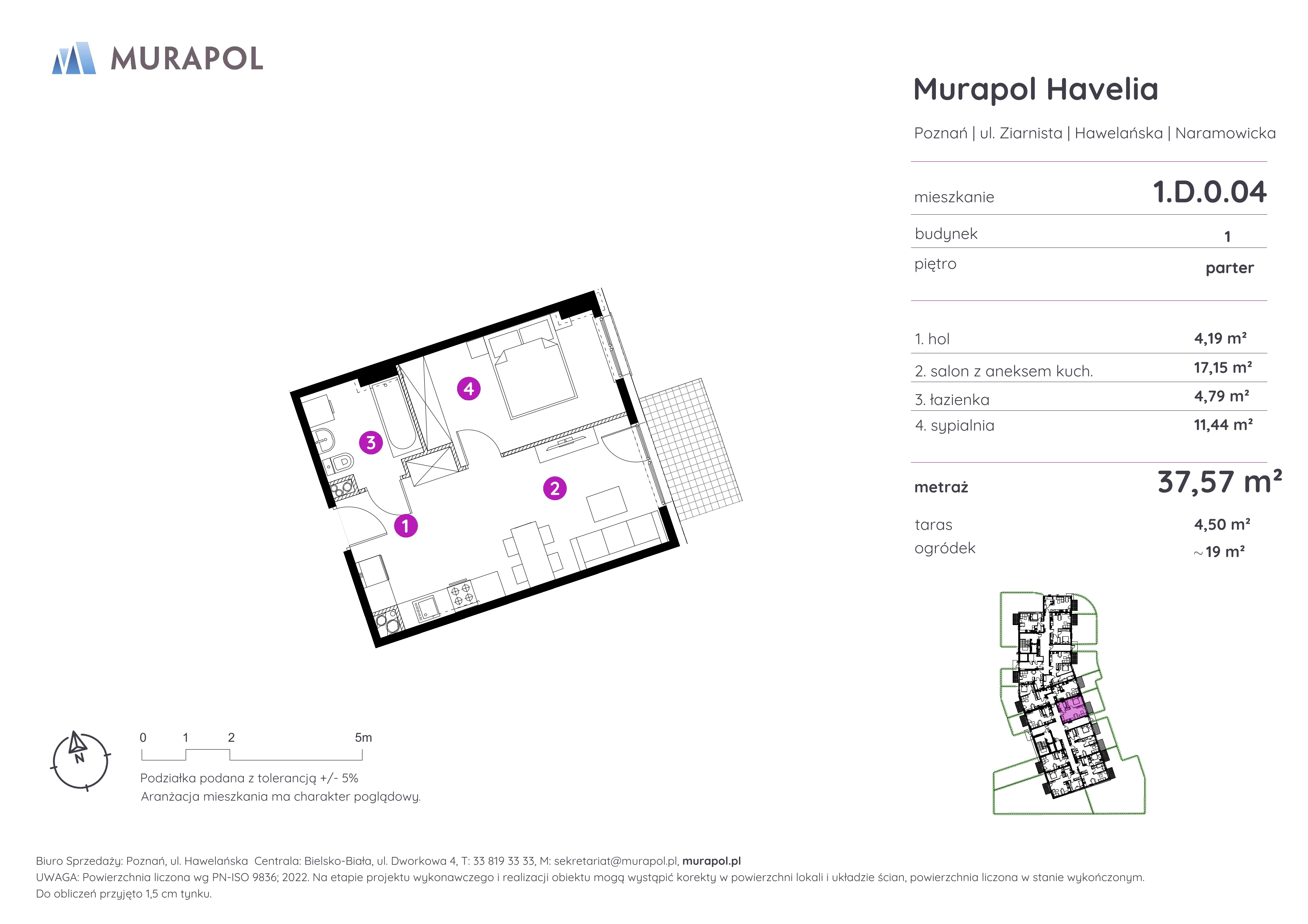 Mieszkanie 37,57 m², parter, oferta nr 1.D.0.04, Murapol Havelia, Poznań, Winogrady, Stare Winogrady, ul. Ziarnista / Naramowicka-idx