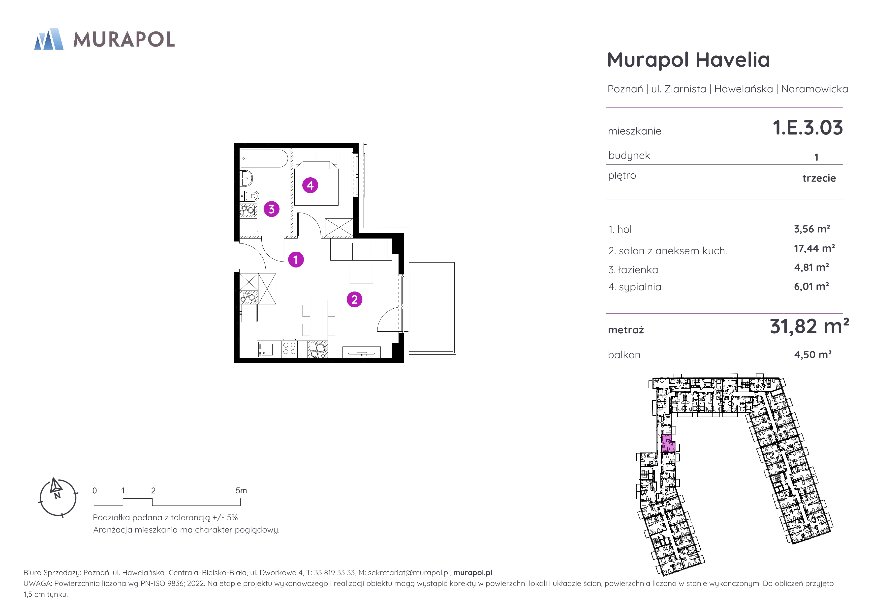 Mieszkanie 31,82 m², piętro 3, oferta nr 1.E.3.03, Murapol Havelia, Poznań, Winogrady, Stare Winogrady, ul. Ziarnista / Naramowicka-idx