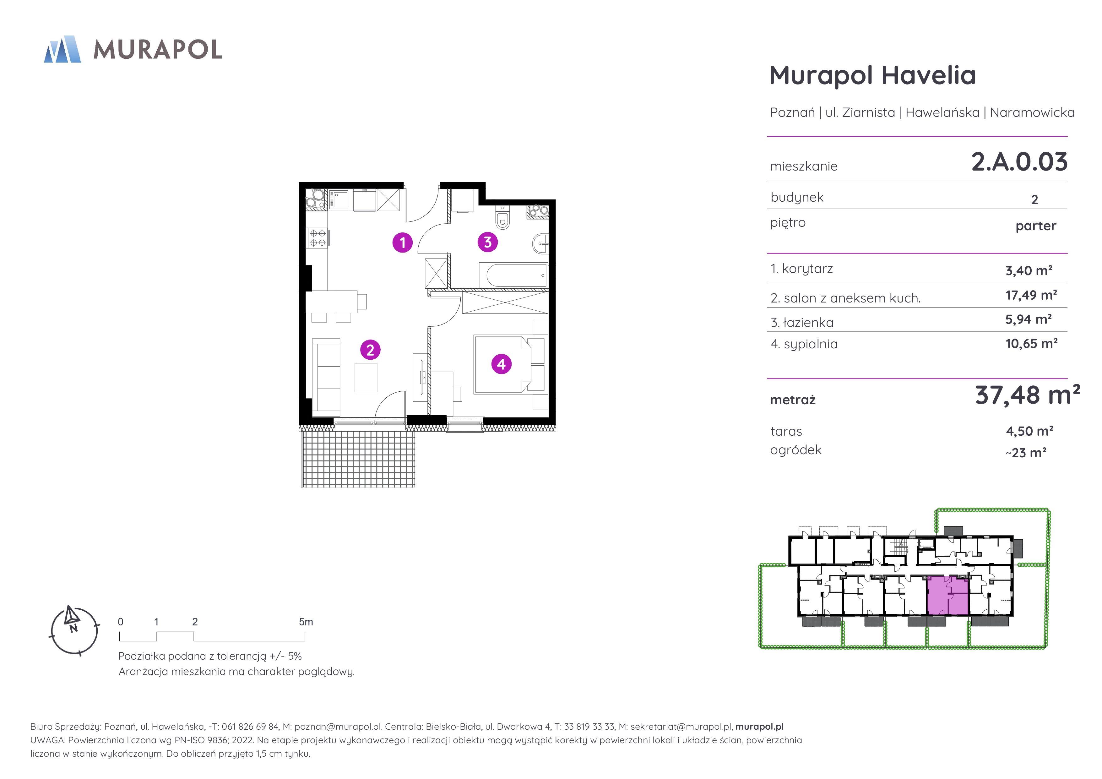 Mieszkanie 37,48 m², parter, oferta nr 2.A.0.03, Murapol Havelia, Poznań, Winogrady, Stare Winogrady, ul. Ziarnista / Naramowicka-idx