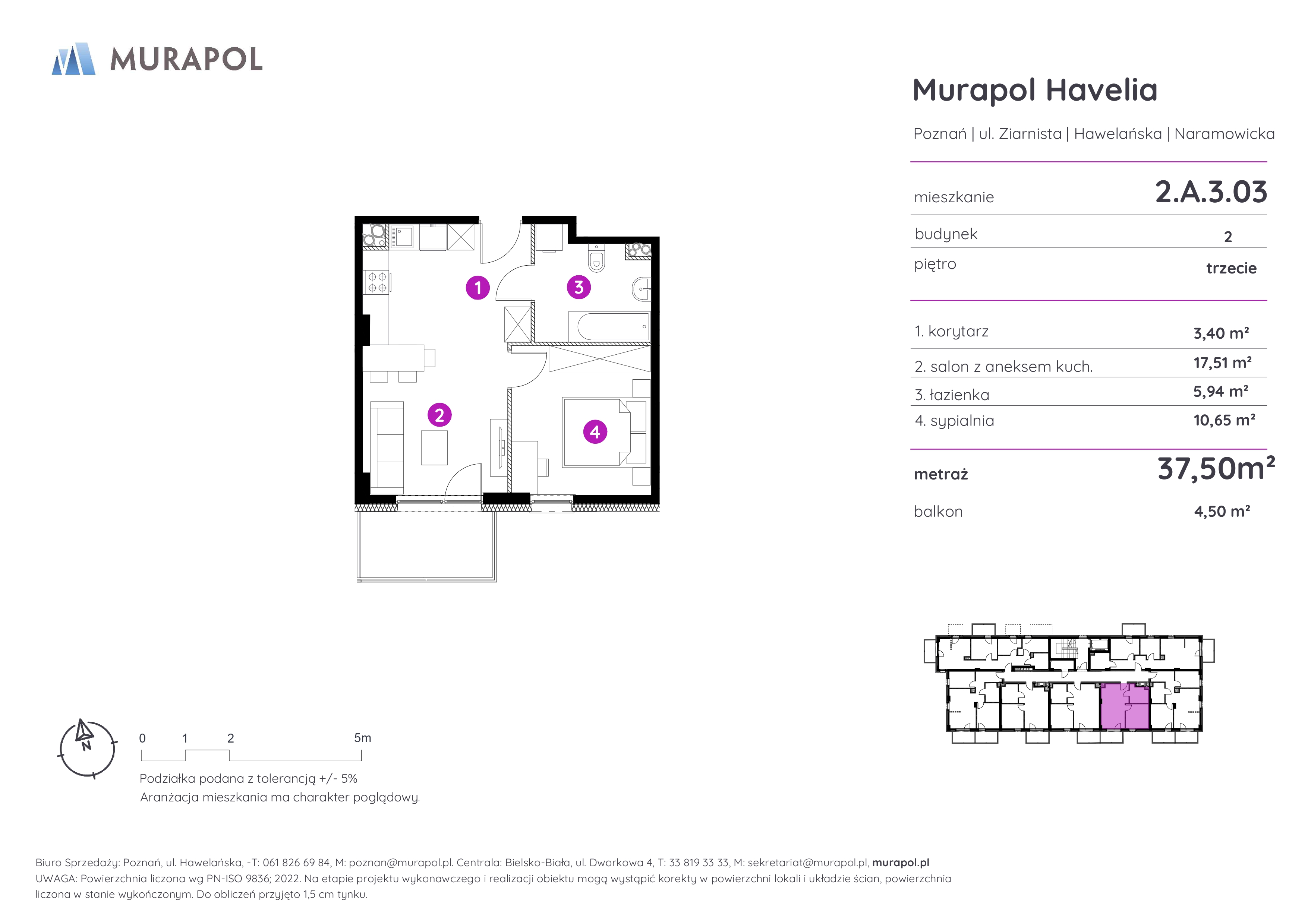 Mieszkanie 37,50 m², piętro 3, oferta nr 2.A.3.03, Murapol Havelia, Poznań, Winogrady, Stare Winogrady, ul. Ziarnista / Naramowicka-idx