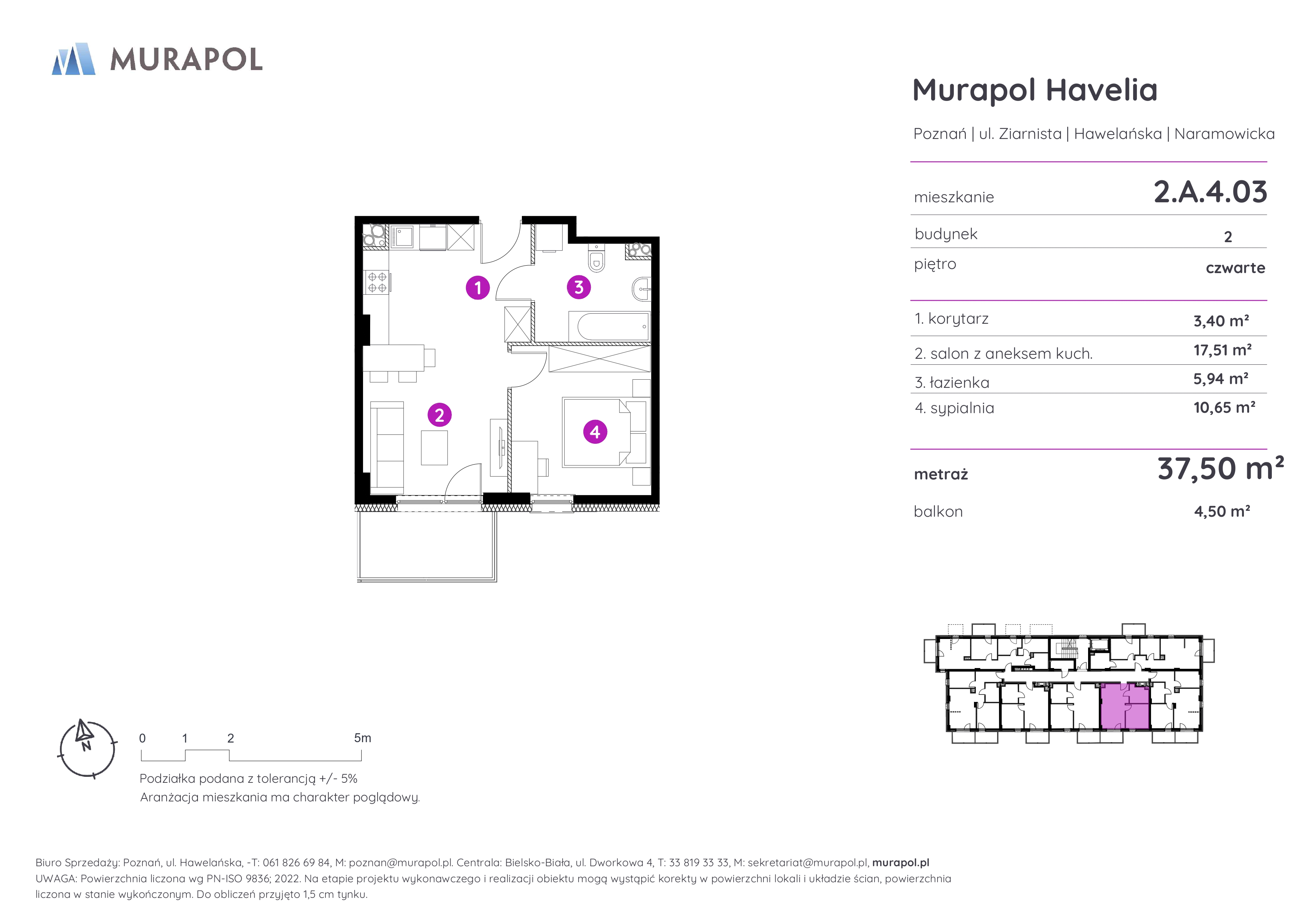 Mieszkanie 37,50 m², piętro 4, oferta nr 2.A.4.03, Murapol Havelia, Poznań, Winogrady, Stare Winogrady, ul. Ziarnista / Naramowicka-idx