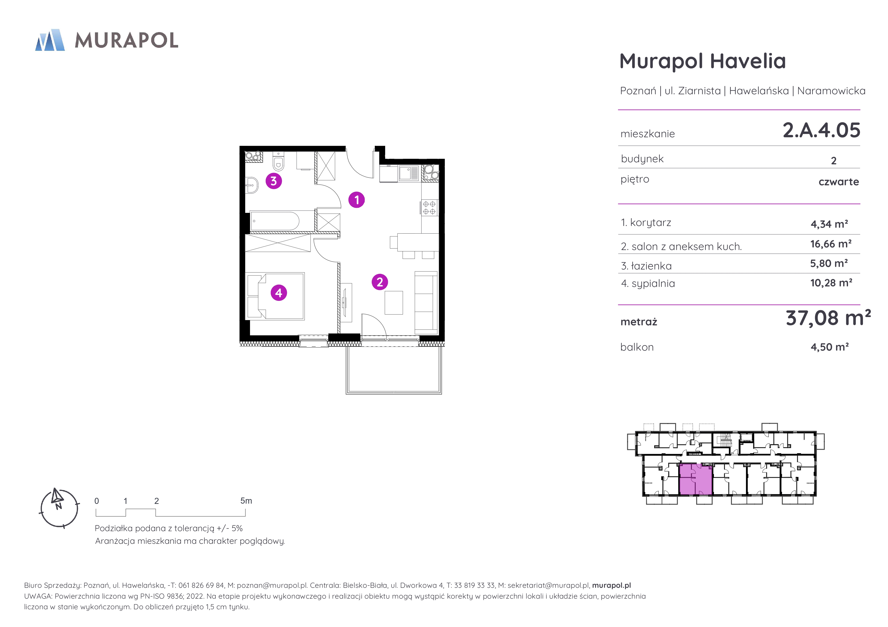 Mieszkanie 37,08 m², piętro 4, oferta nr 2.A.4.05, Murapol Havelia, Poznań, Winogrady, Stare Winogrady, ul. Ziarnista / Naramowicka-idx