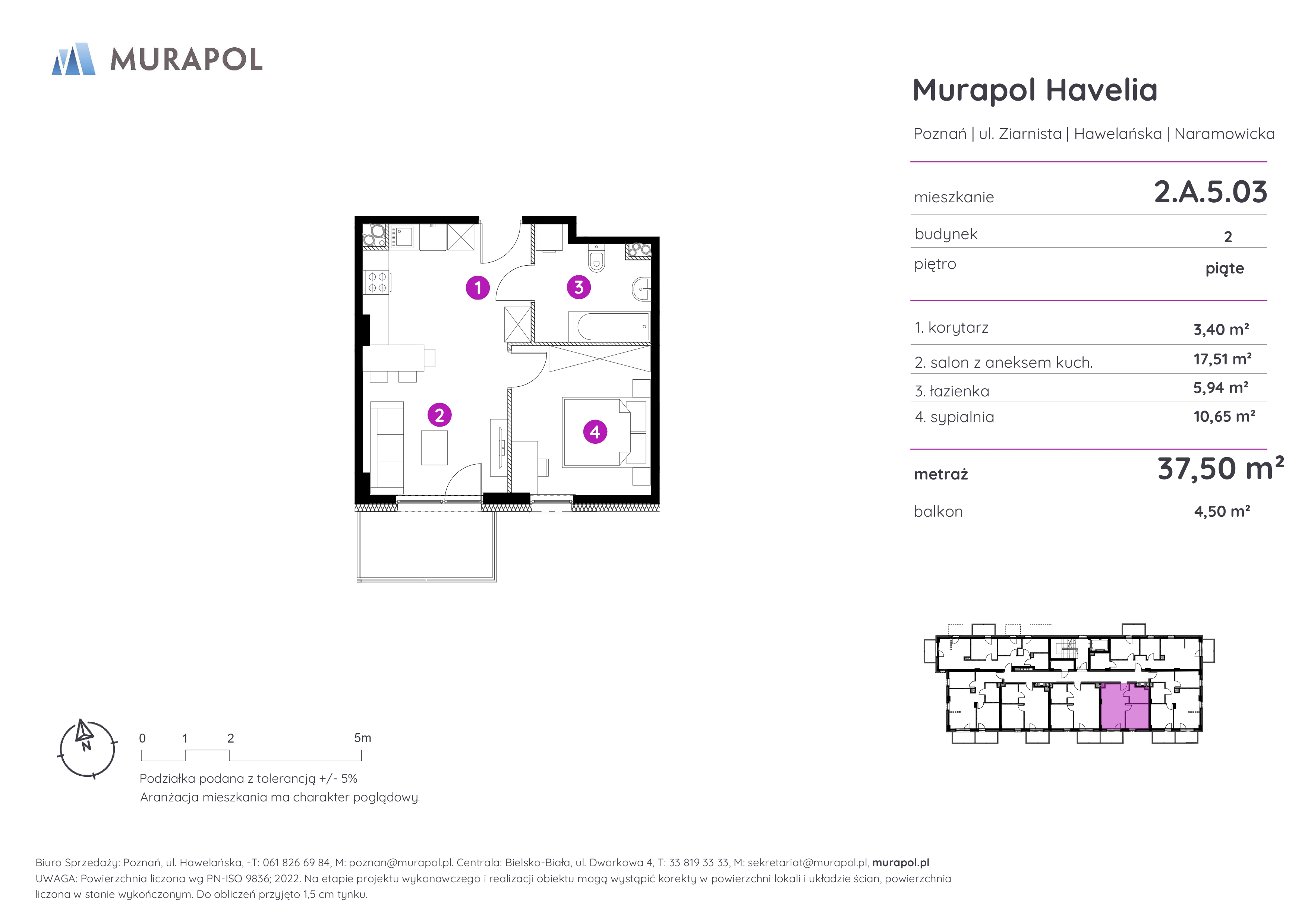 Mieszkanie 37,50 m², piętro 5, oferta nr 2.A.5.03, Murapol Havelia, Poznań, Winogrady, Stare Winogrady, ul. Ziarnista / Naramowicka-idx