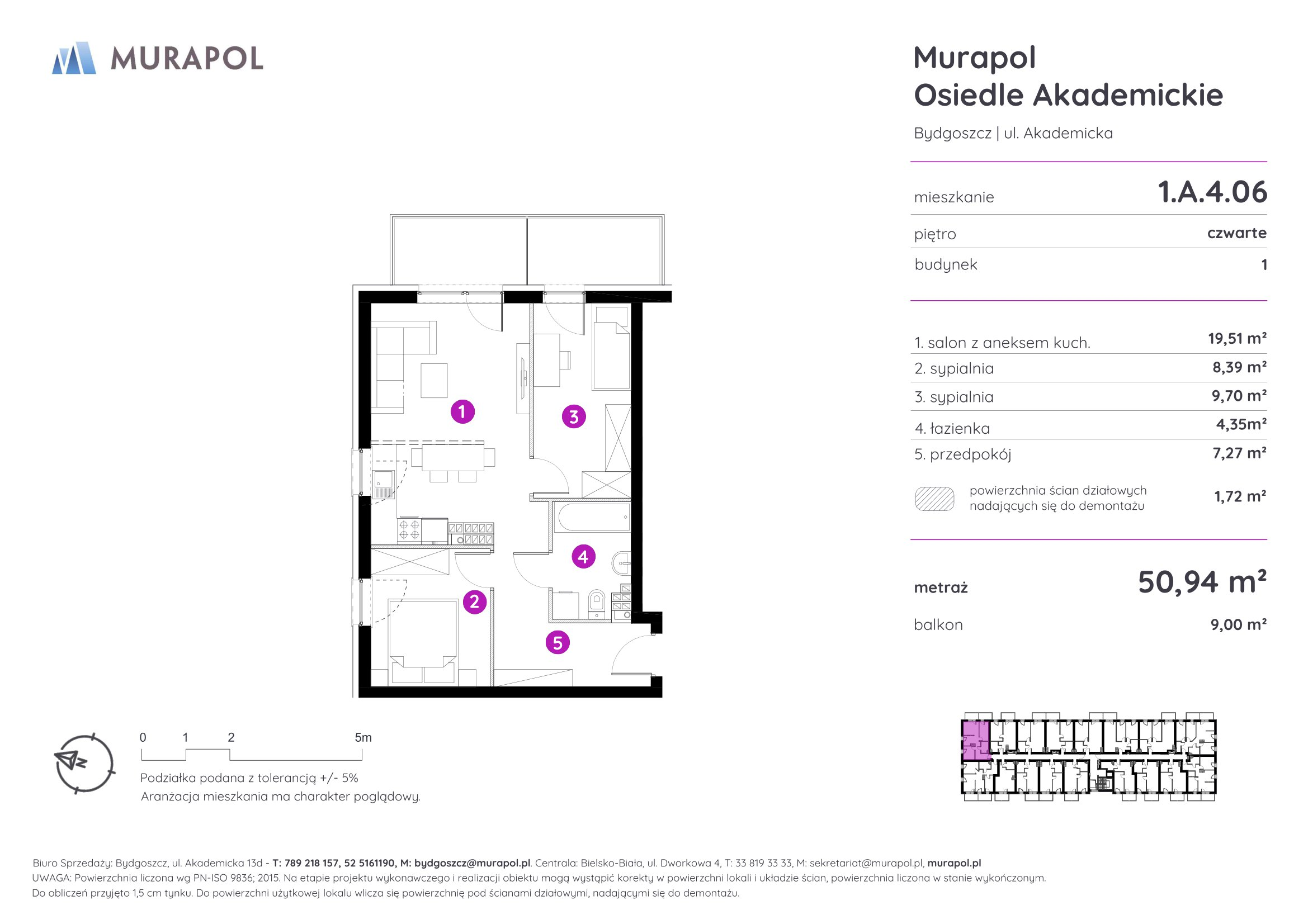 Mieszkanie 50,94 m², piętro 4, oferta nr 1.A.4.06, Murapol Osiedle Akademickie - Gotowe mieszkania, Bydgoszcz, Nowy Fordon, ul. Akademicka-idx