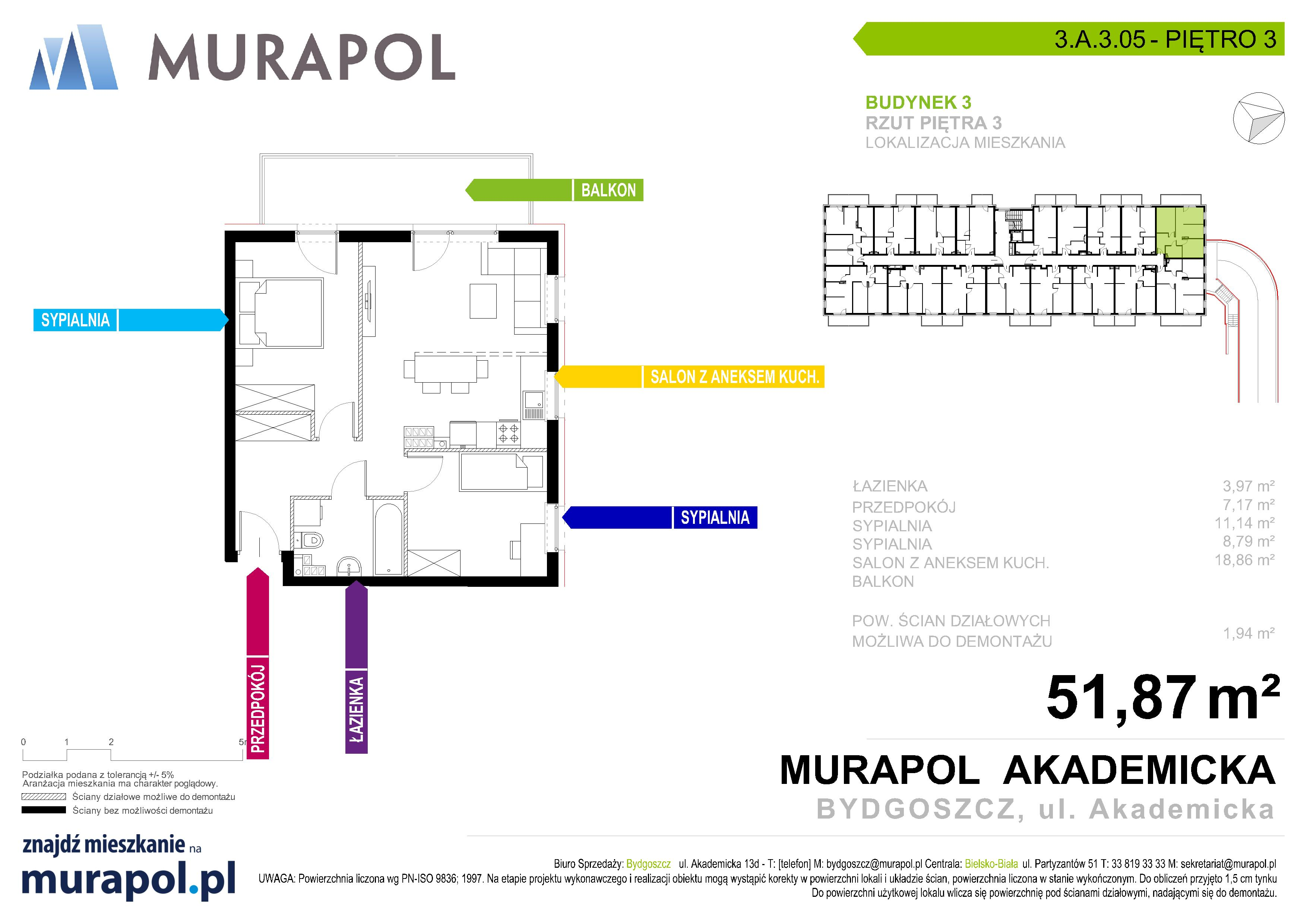 Mieszkanie 51,87 m², piętro 3, oferta nr 3.A.3.05, Murapol Osiedle Akademickie - Gotowe mieszkania, Bydgoszcz, Nowy Fordon, ul. Akademicka-idx