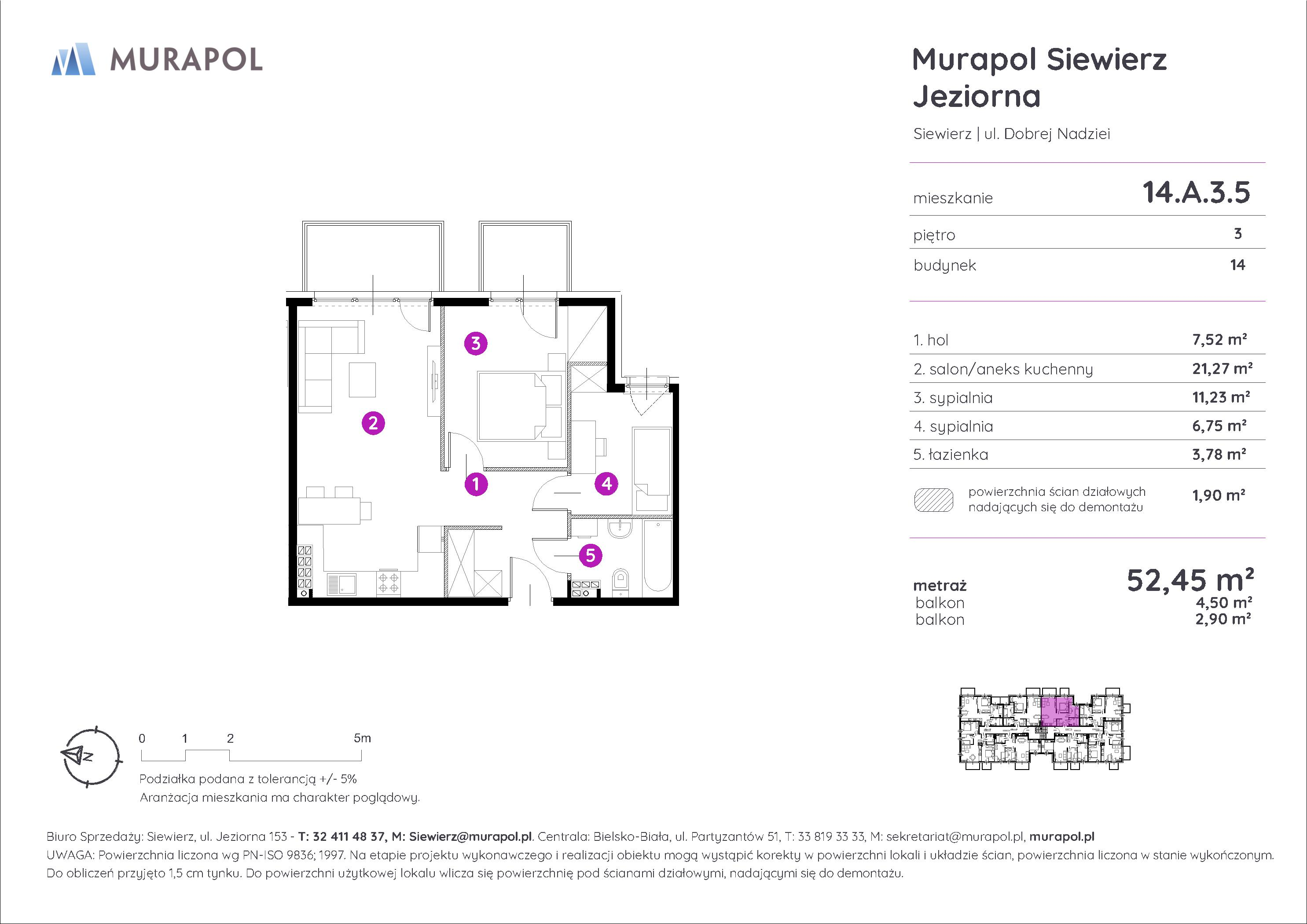 Mieszkanie 52,45 m², piętro 3, oferta nr 14.A.3.5, Murapol Siewierz Jeziorna - Gotowe mieszkania, Siewierz, ul. Jeziorna 153-idx