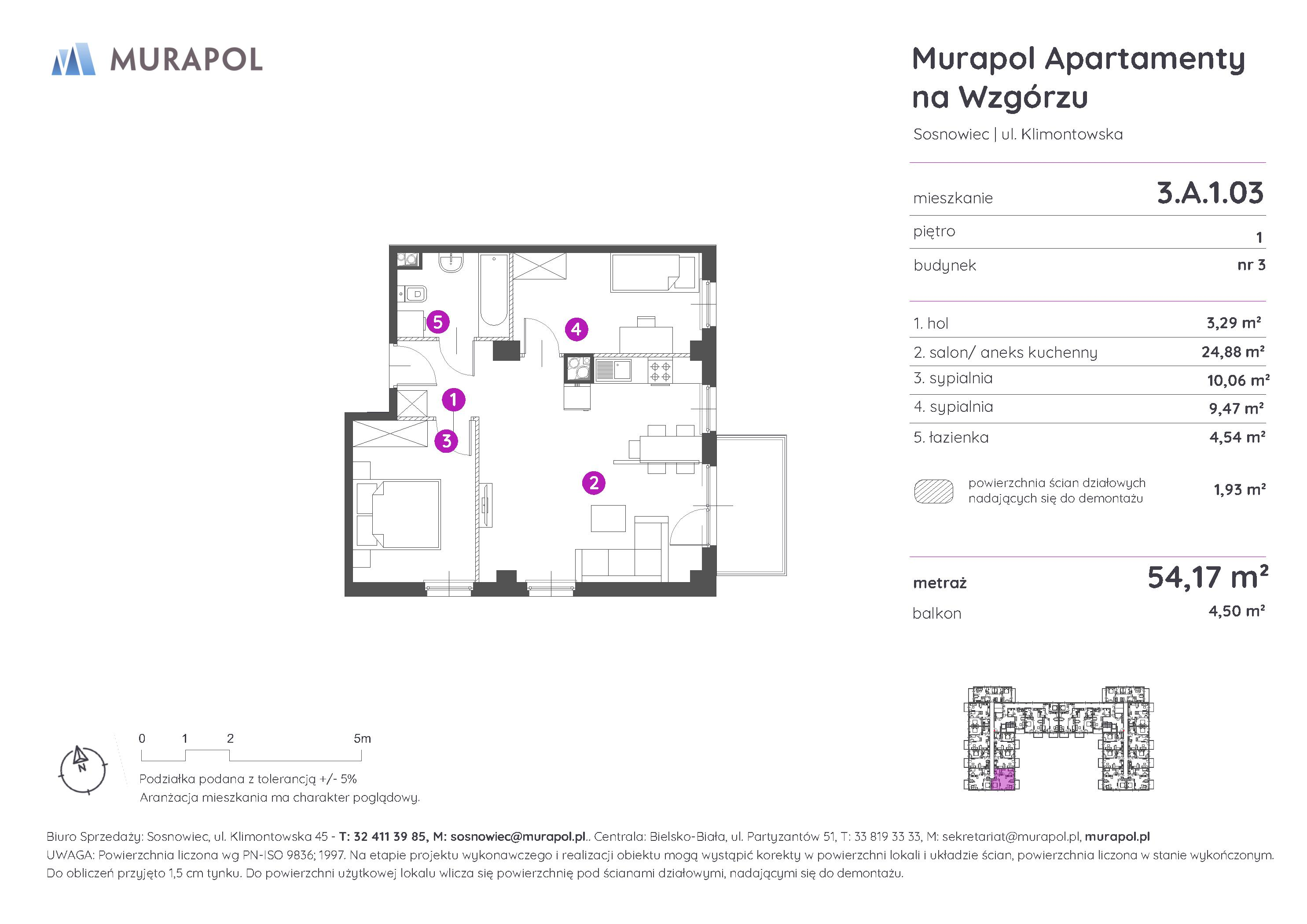 Mieszkanie 54,17 m², piętro 1, oferta nr 3.A.1.03, Murapol Apartamenty Na Wzgórzu - Gotowe mieszkania, Sosnowiec, Klimontów, ul. Klimontowska 45-idx