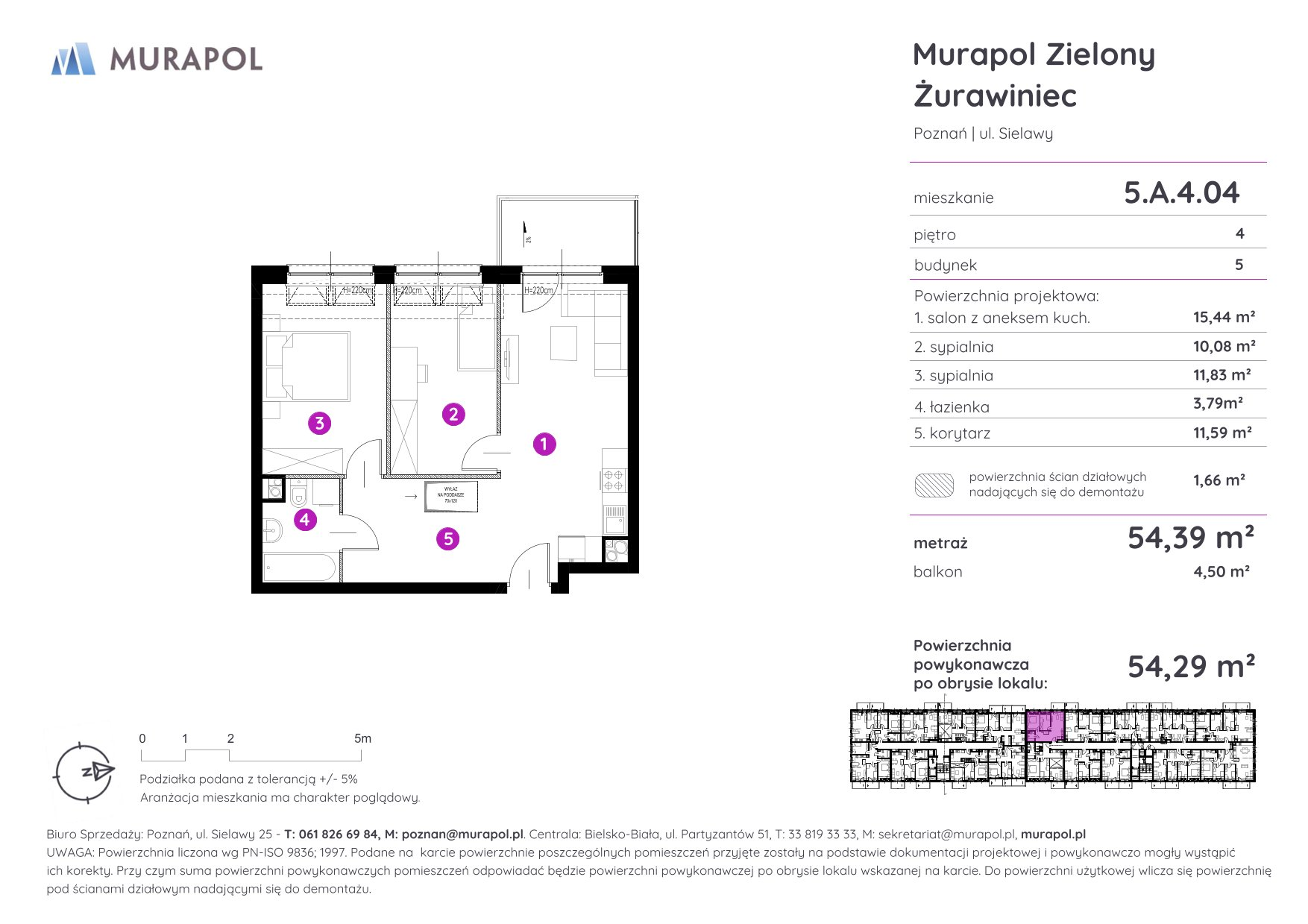 Mieszkanie 54,29 m², piętro 4, oferta nr 5.A.4.04, Murapol Zielony Żurawiniec - Gotowe mieszkania, Poznań, Naramowice, ul. Sielawy-idx