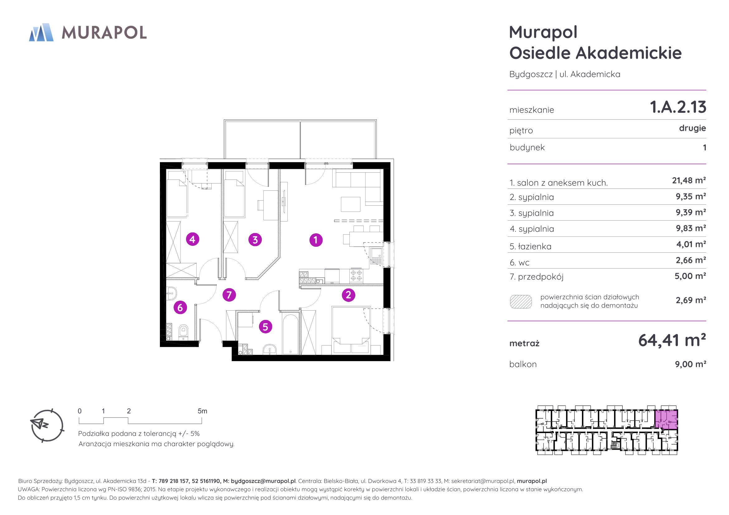 Mieszkanie 64,41 m², piętro 2, oferta nr 1.A.2.13, Murapol Osiedle Akademickie - Gotowe mieszkania, Bydgoszcz, Nowy Fordon, ul. Akademicka-idx