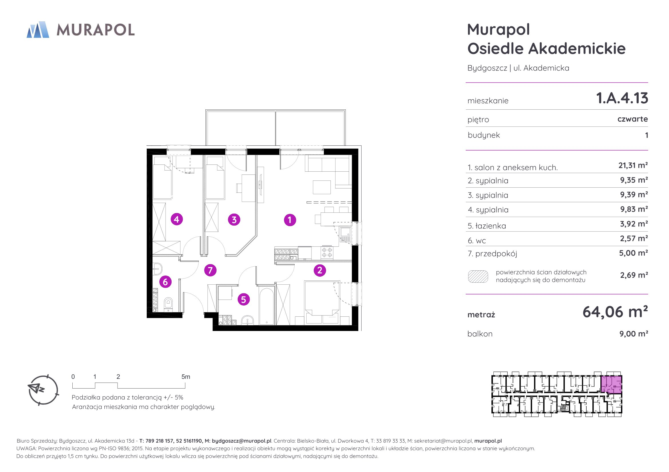 Mieszkanie 64,06 m², piętro 4, oferta nr 1.A.4.13, Murapol Osiedle Akademickie - Gotowe mieszkania, Bydgoszcz, Nowy Fordon, ul. Akademicka-idx