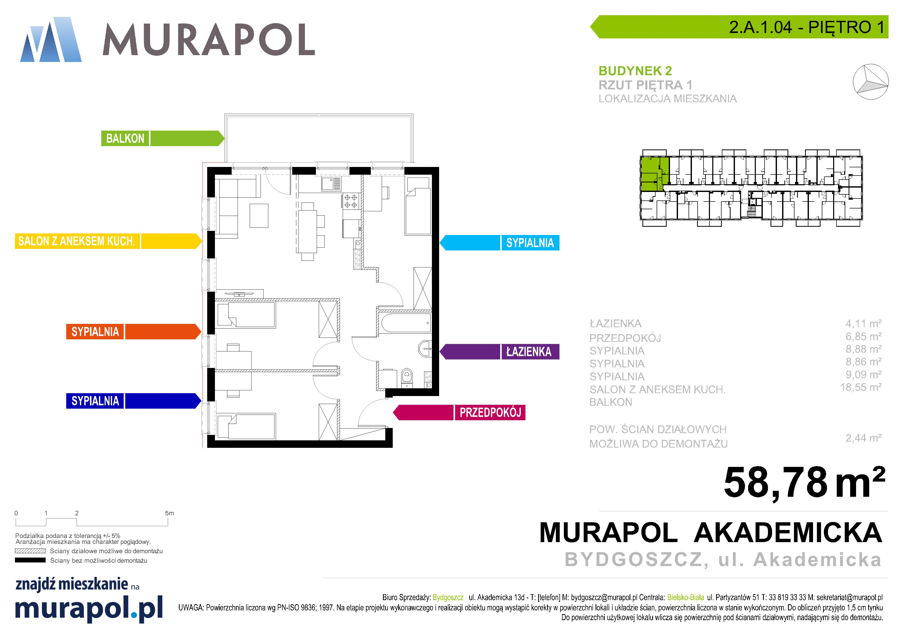 Mieszkanie 58,78 m², piętro 1, oferta nr 2.A.1.04, Murapol Osiedle Akademickie - Gotowe mieszkania, Bydgoszcz, Nowy Fordon, ul. Akademicka-idx