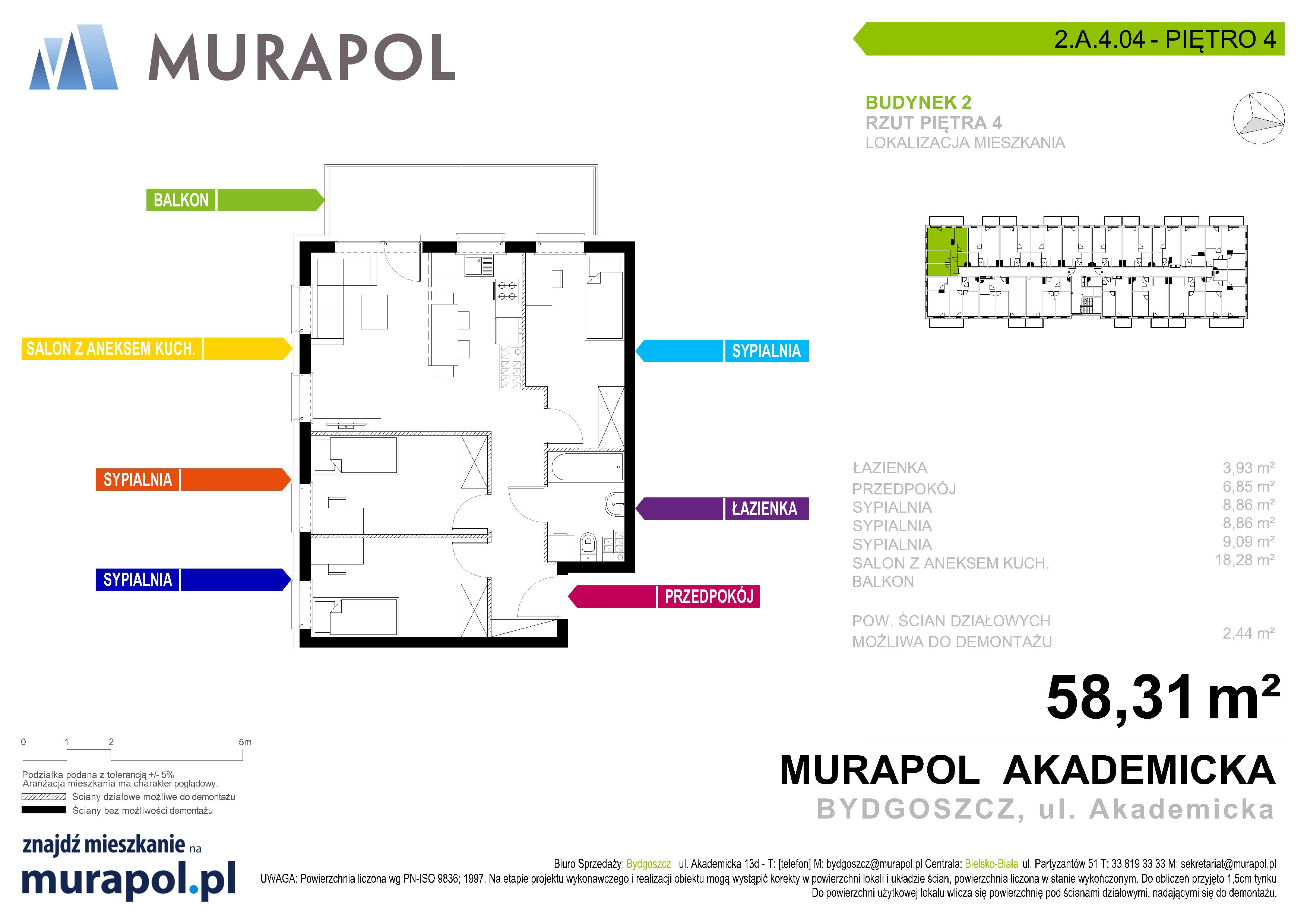 Mieszkanie 58,31 m², piętro 4, oferta nr 2.A.4.04, Murapol Osiedle Akademickie - Gotowe mieszkania, Bydgoszcz, Nowy Fordon, ul. Akademicka-idx