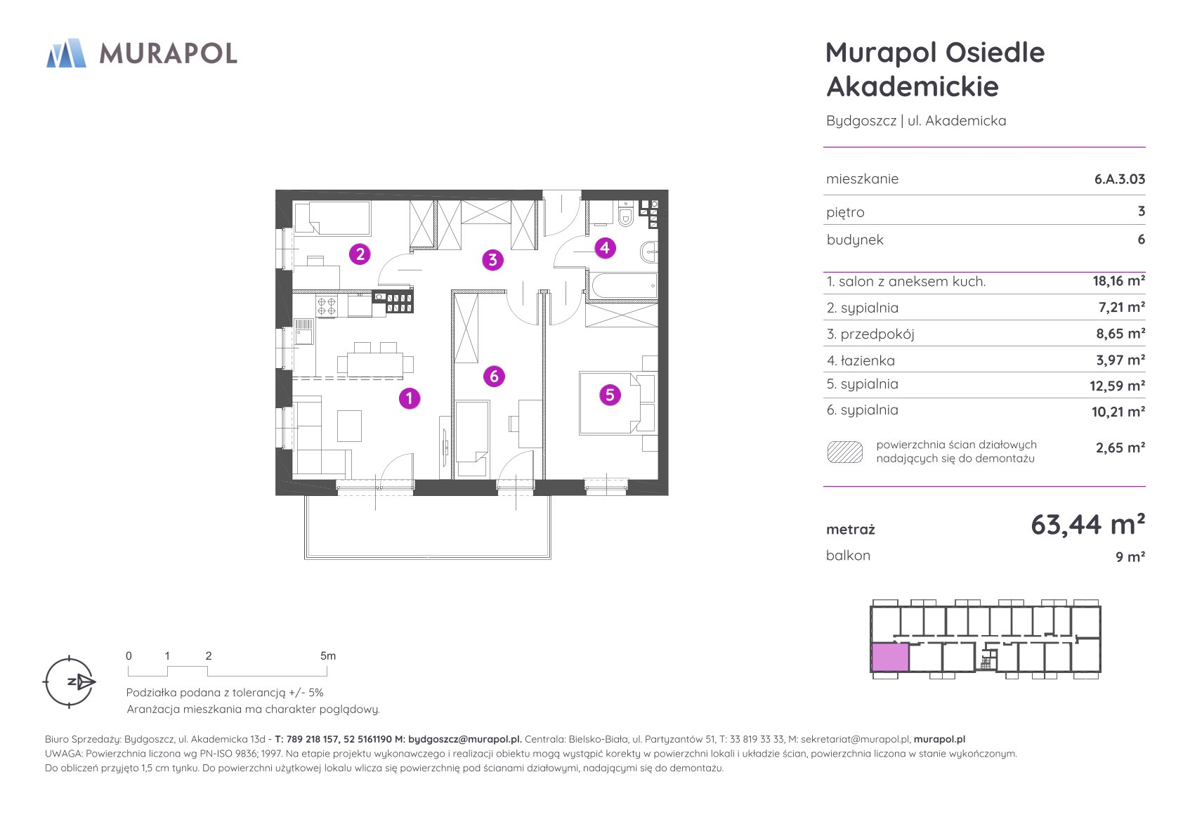 Mieszkanie 63,44 m², piętro 3, oferta nr 6.A.3.03, Murapol Osiedle Akademickie - Gotowe mieszkania, Bydgoszcz, Nowy Fordon, ul. Akademicka-idx