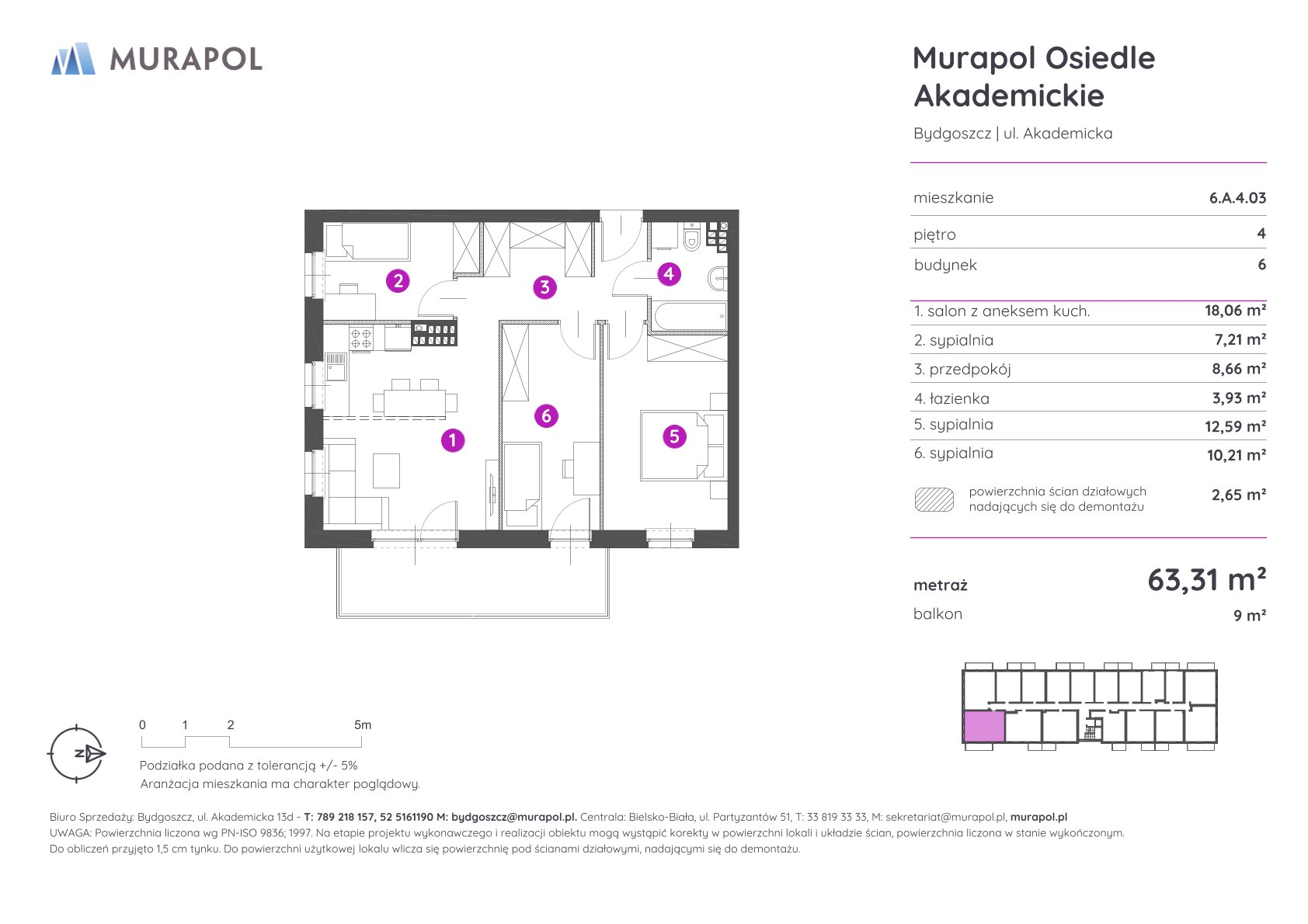 Mieszkanie 63,31 m², piętro 4, oferta nr 6.A.4.03, Murapol Osiedle Akademickie - Gotowe mieszkania, Bydgoszcz, Nowy Fordon, ul. Akademicka-idx