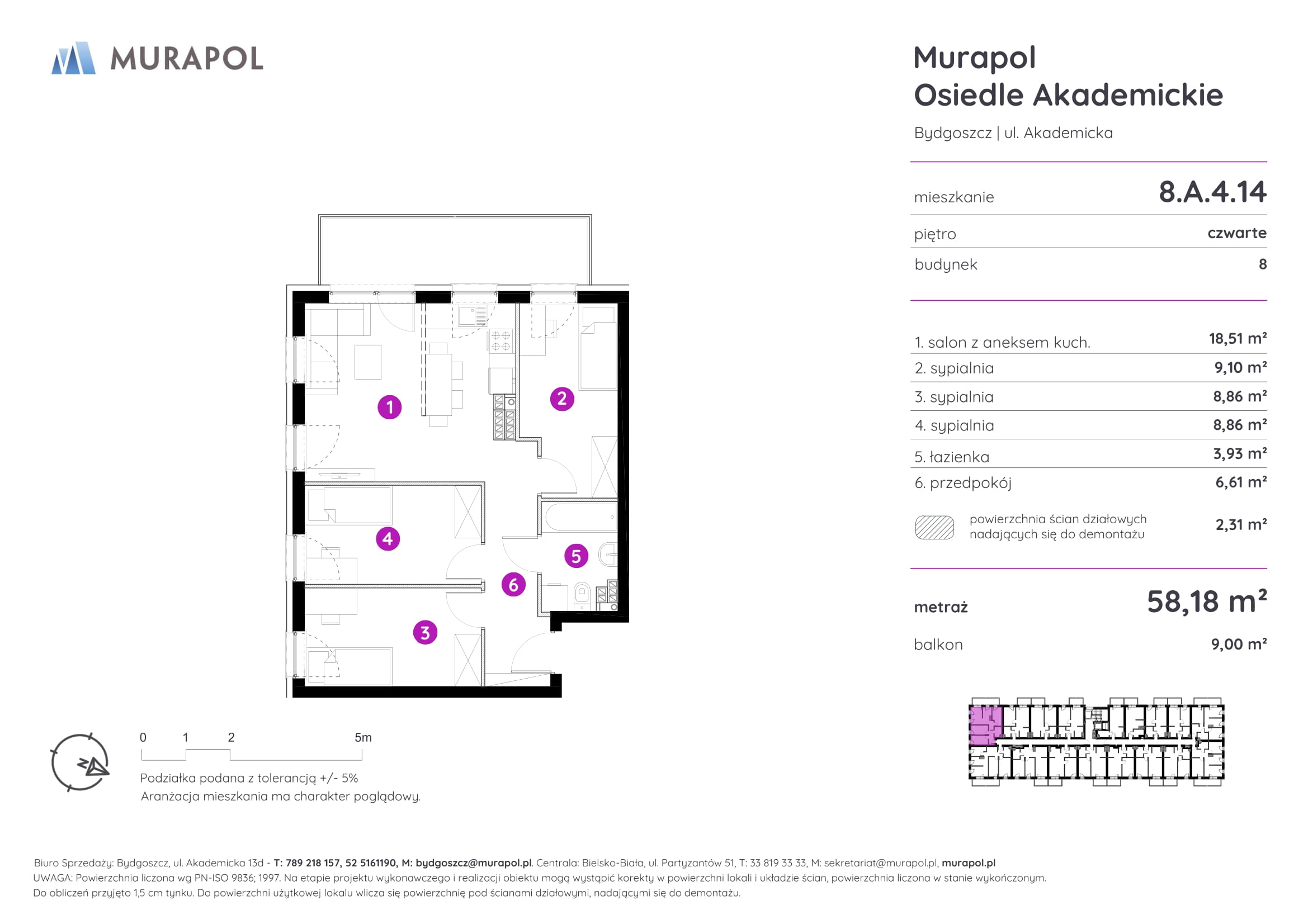 Mieszkanie 58,18 m², piętro 4, oferta nr 8.A.4.14, Murapol Osiedle Akademickie - Gotowe mieszkania, Bydgoszcz, Nowy Fordon, ul. Akademicka-idx