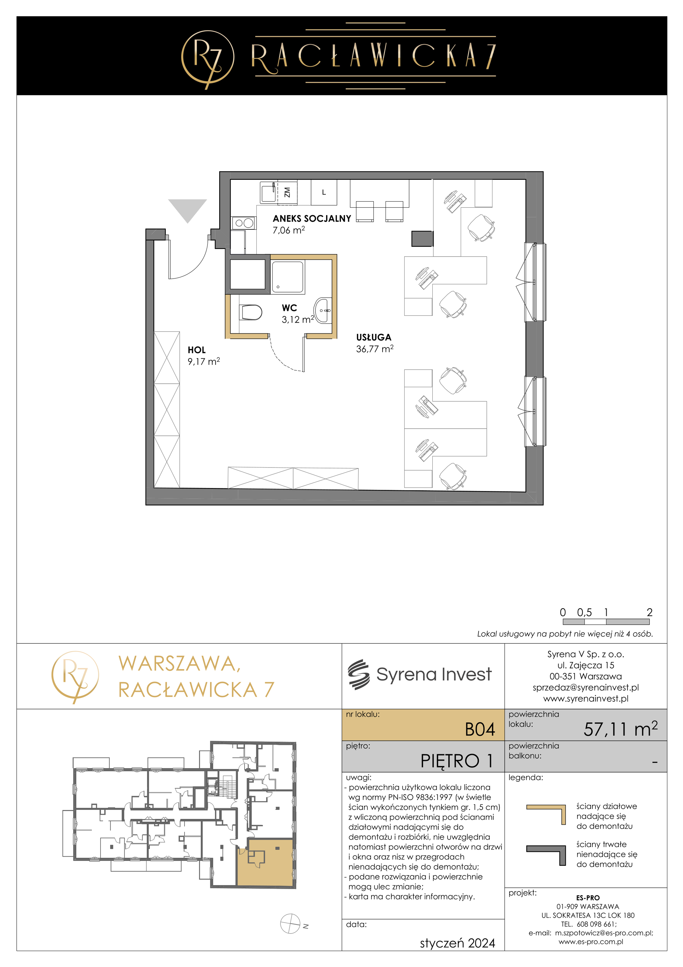 Lokal inwestycyjny 57,11 m², piętro 1, oferta nr B04, Racławicka 7 - lokale inwestycyjne, Warszawa, Mokotów, Stary Mokotów, ul. Racławicka 7-idx