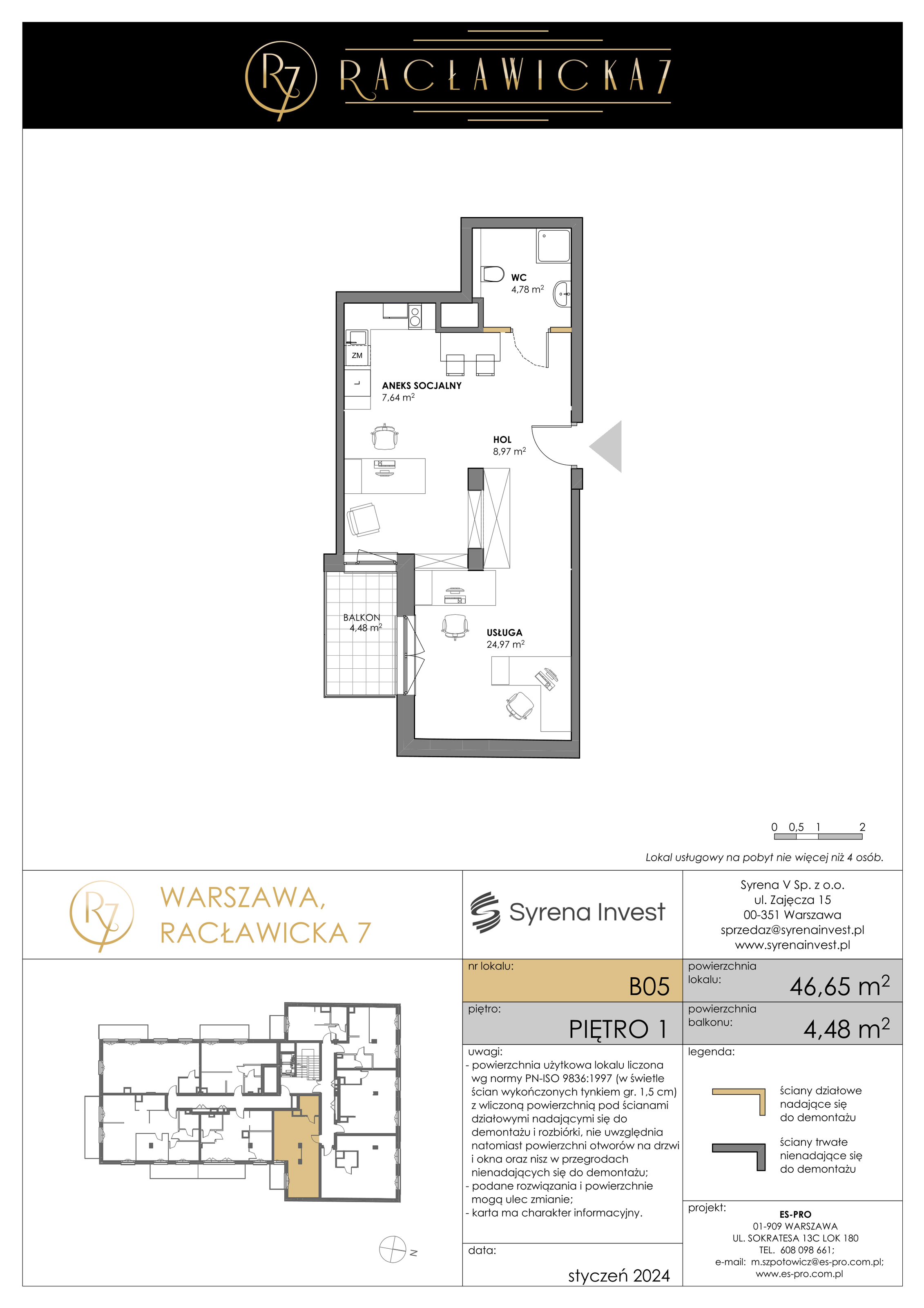 Lokal inwestycyjny 46,65 m², piętro 1, oferta nr B05, Racławicka 7 - lokale inwestycyjne, Warszawa, Mokotów, Stary Mokotów, ul. Racławicka 7-idx