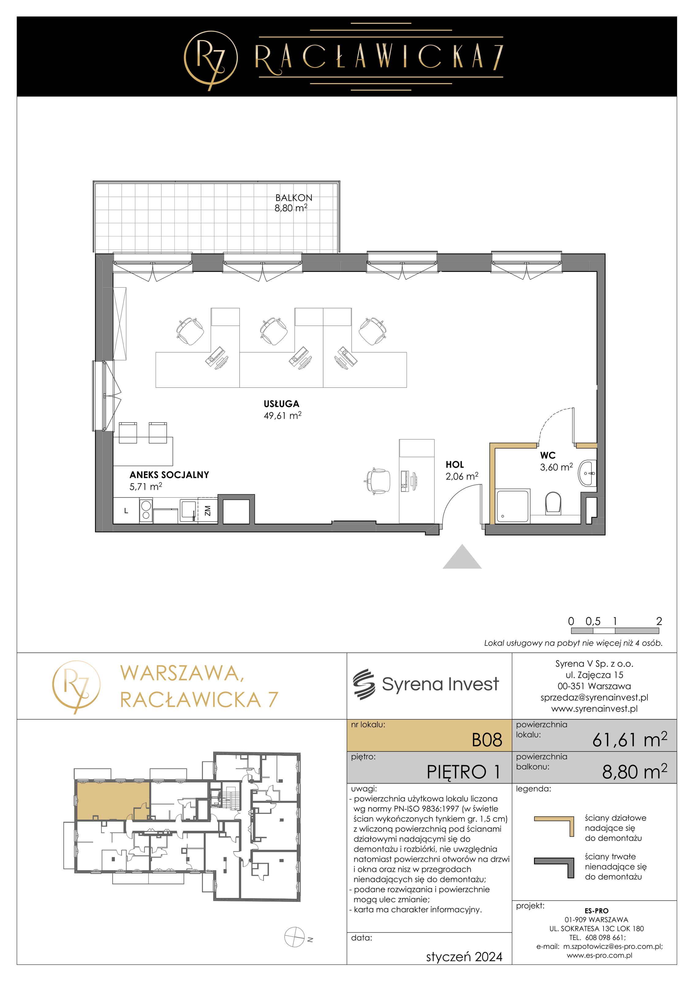 Lokal inwestycyjny 61,61 m², piętro 1, oferta nr B08, Racławicka 7 - lokale inwestycyjne, Warszawa, Mokotów, Stary Mokotów, ul. Racławicka 7-idx