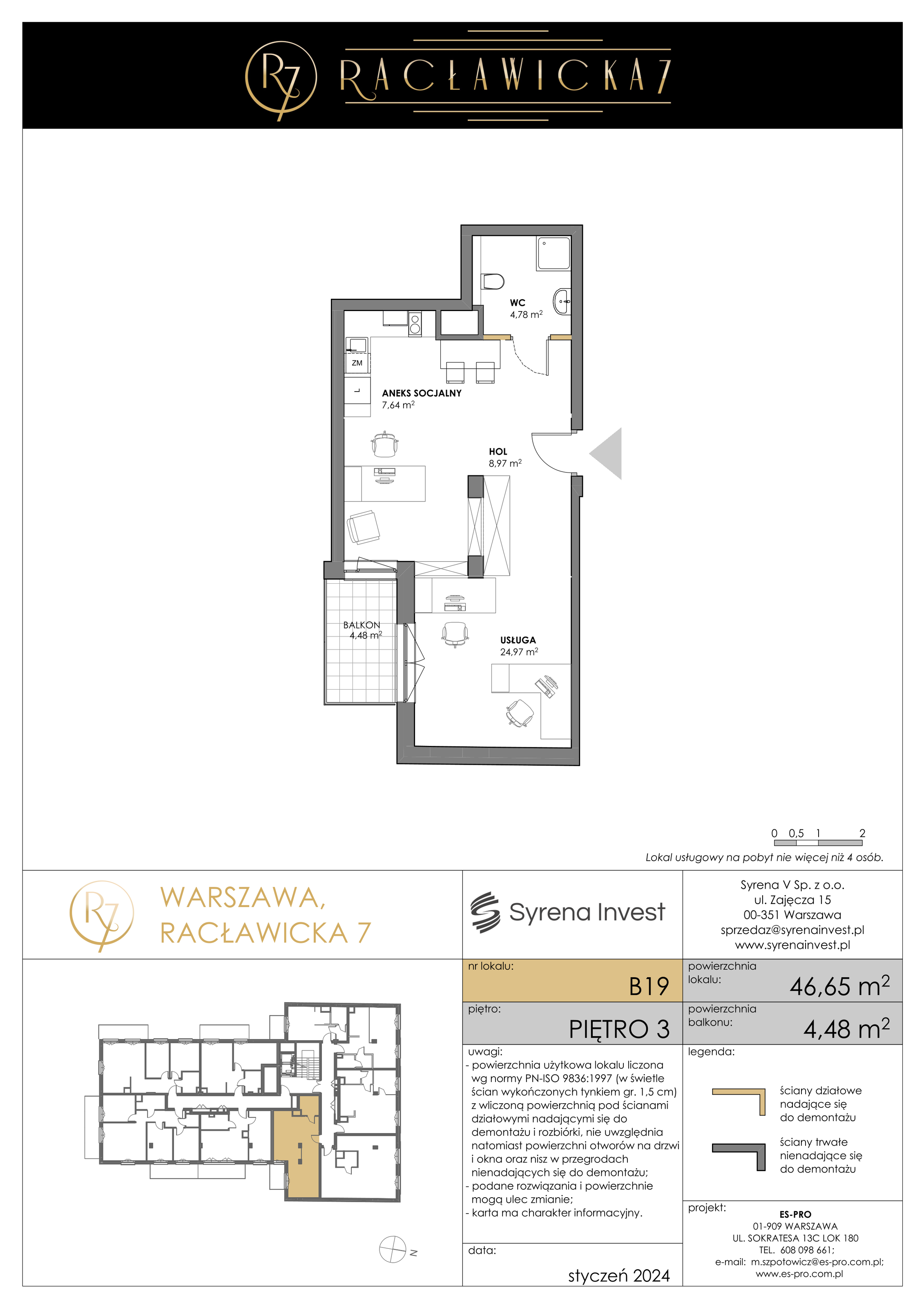 Lokal inwestycyjny 46,65 m², piętro 3, oferta nr B19, Racławicka 7 - lokale inwestycyjne, Warszawa, Mokotów, Stary Mokotów, ul. Racławicka 7-idx