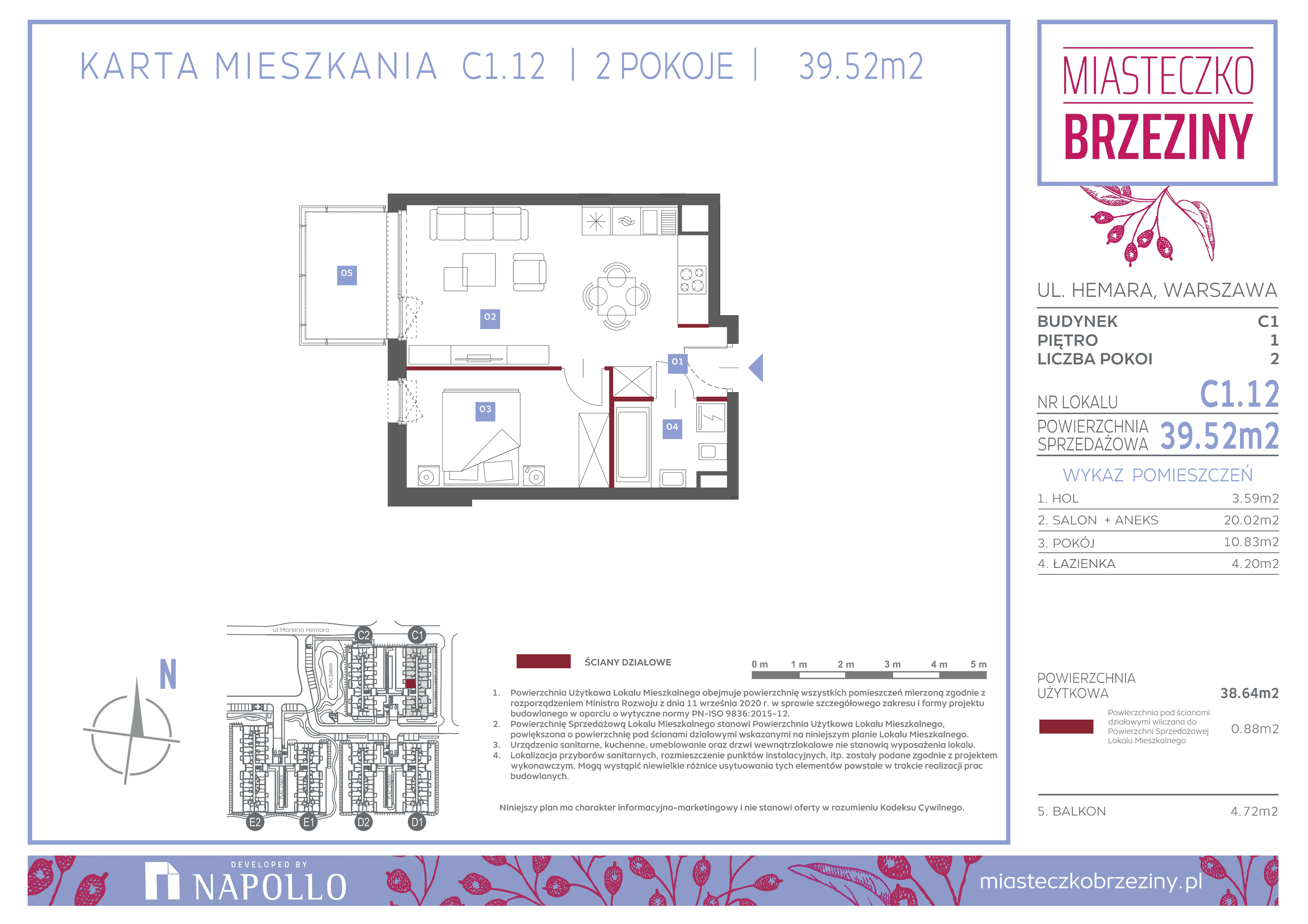 Mieszkanie 39,52 m², piętro 1, oferta nr C1.12, Miasteczko Brzeziny II, Warszawa, Białołęka, Brzeziny, ul. Hemara-idx