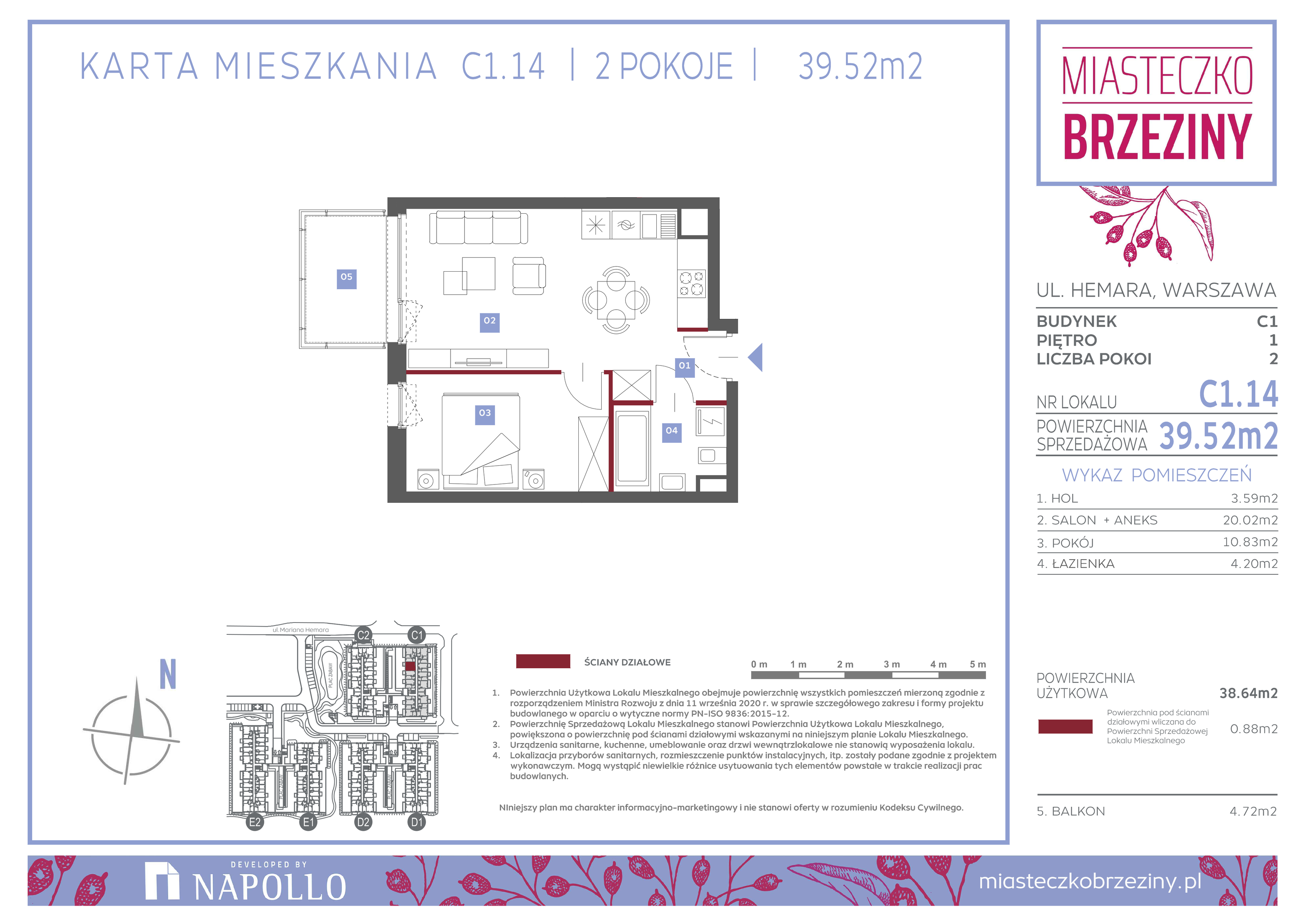 Mieszkanie 39,52 m², piętro 1, oferta nr C1.14, Miasteczko Brzeziny II, Warszawa, Białołęka, Brzeziny, ul. Hemara-idx