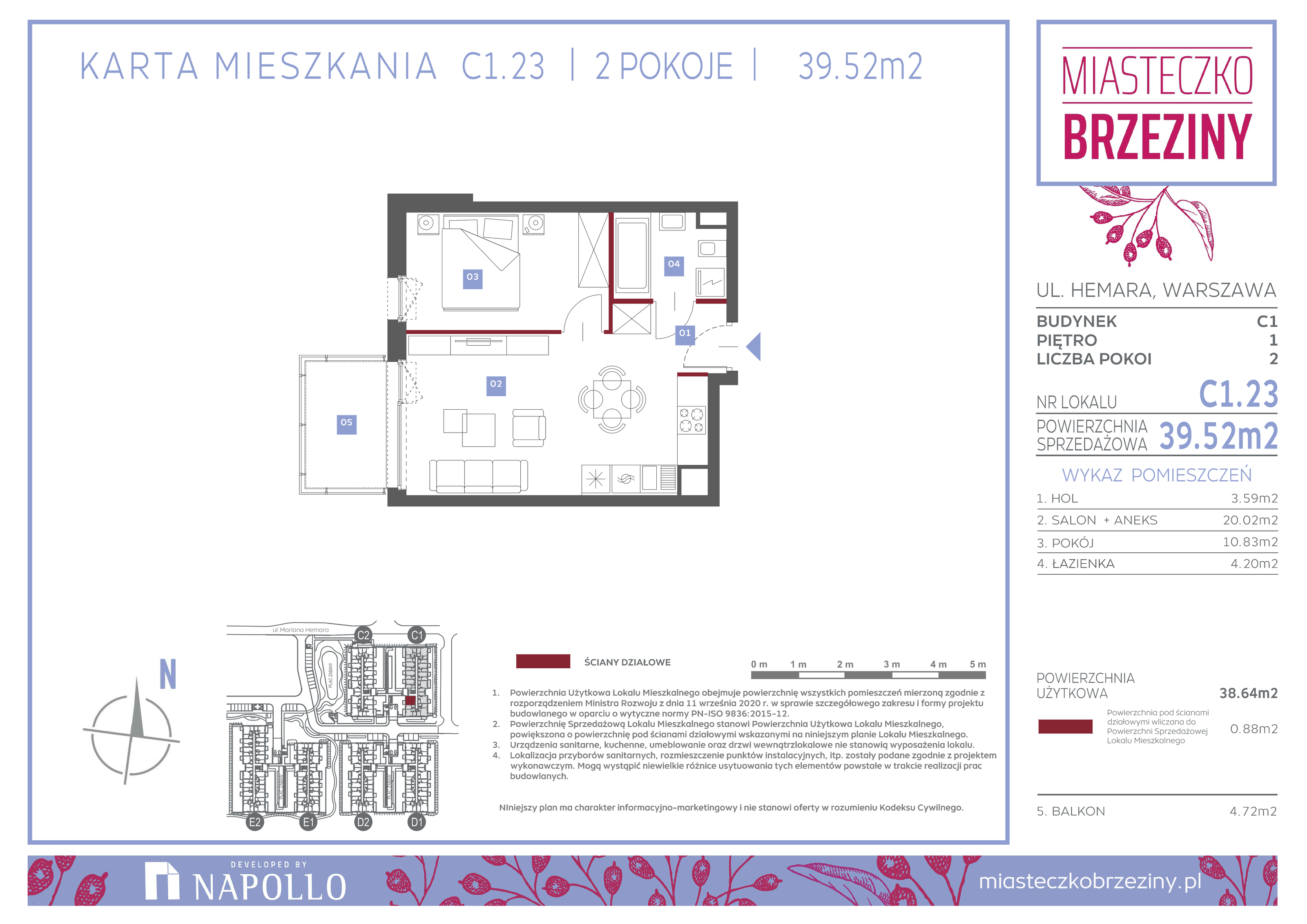 Mieszkanie 39,52 m², piętro 1, oferta nr C1.23, Miasteczko Brzeziny II, Warszawa, Białołęka, Brzeziny, ul. Hemara-idx