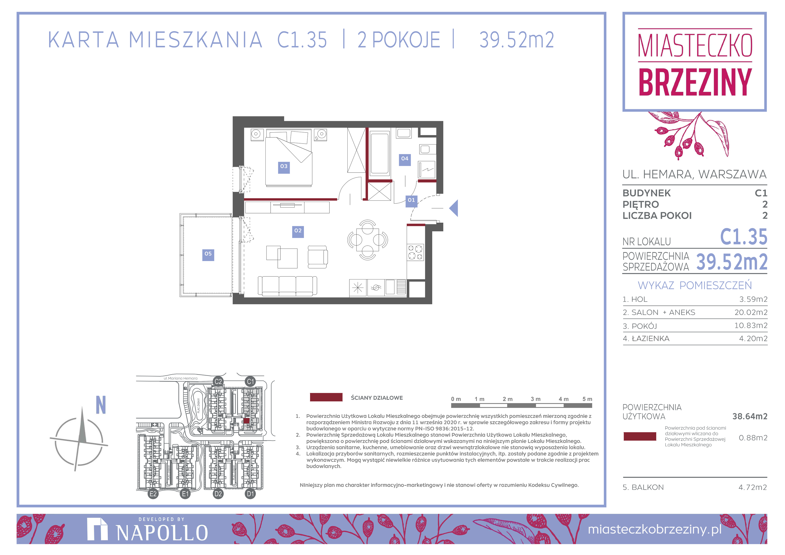 Mieszkanie 39,52 m², piętro 2, oferta nr C1.35, Miasteczko Brzeziny II, Warszawa, Białołęka, Brzeziny, ul. Hemara-idx