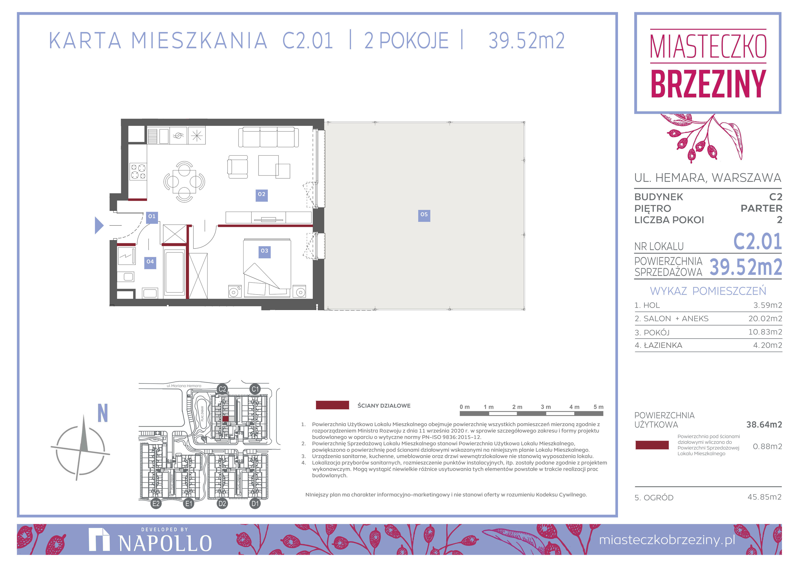 Mieszkanie 39,52 m², parter, oferta nr C2.01, Miasteczko Brzeziny II, Warszawa, Białołęka, Brzeziny, ul. Hemara-idx