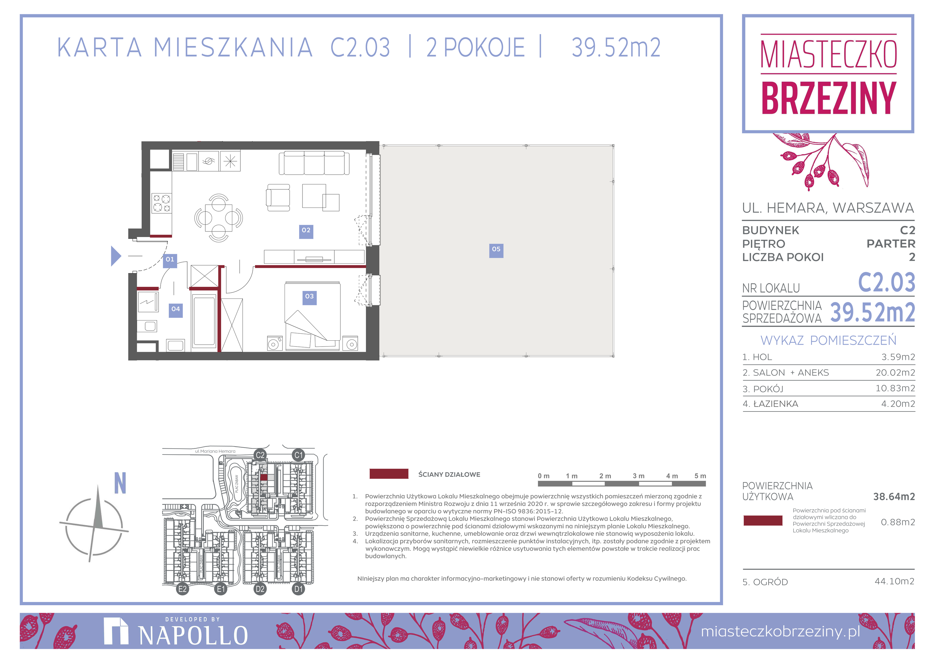 Mieszkanie 39,52 m², parter, oferta nr C2.03, Miasteczko Brzeziny II, Warszawa, Białołęka, Brzeziny, ul. Hemara-idx