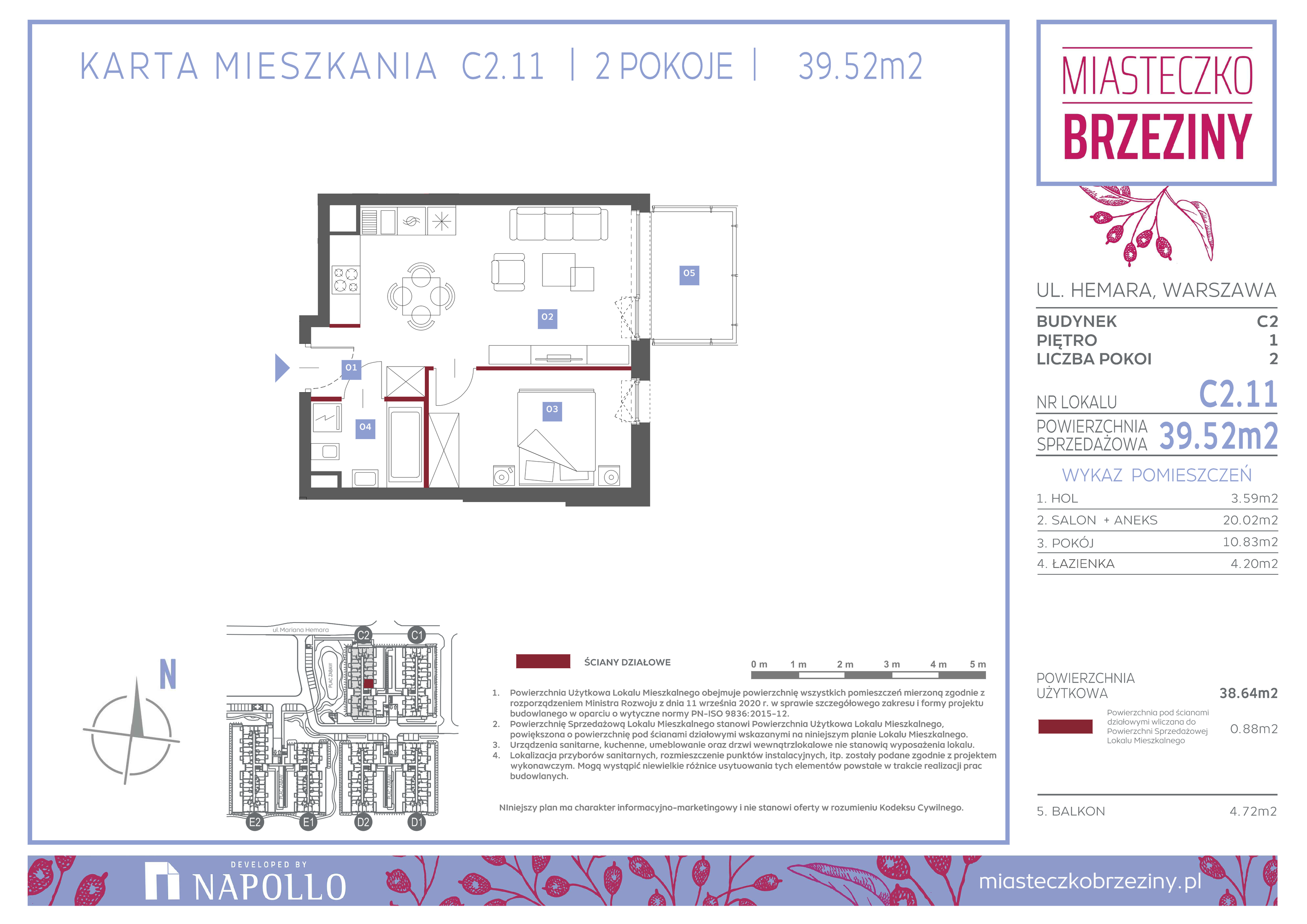 Mieszkanie 39,52 m², piętro 1, oferta nr C2.11, Miasteczko Brzeziny II, Warszawa, Białołęka, Brzeziny, ul. Hemara-idx