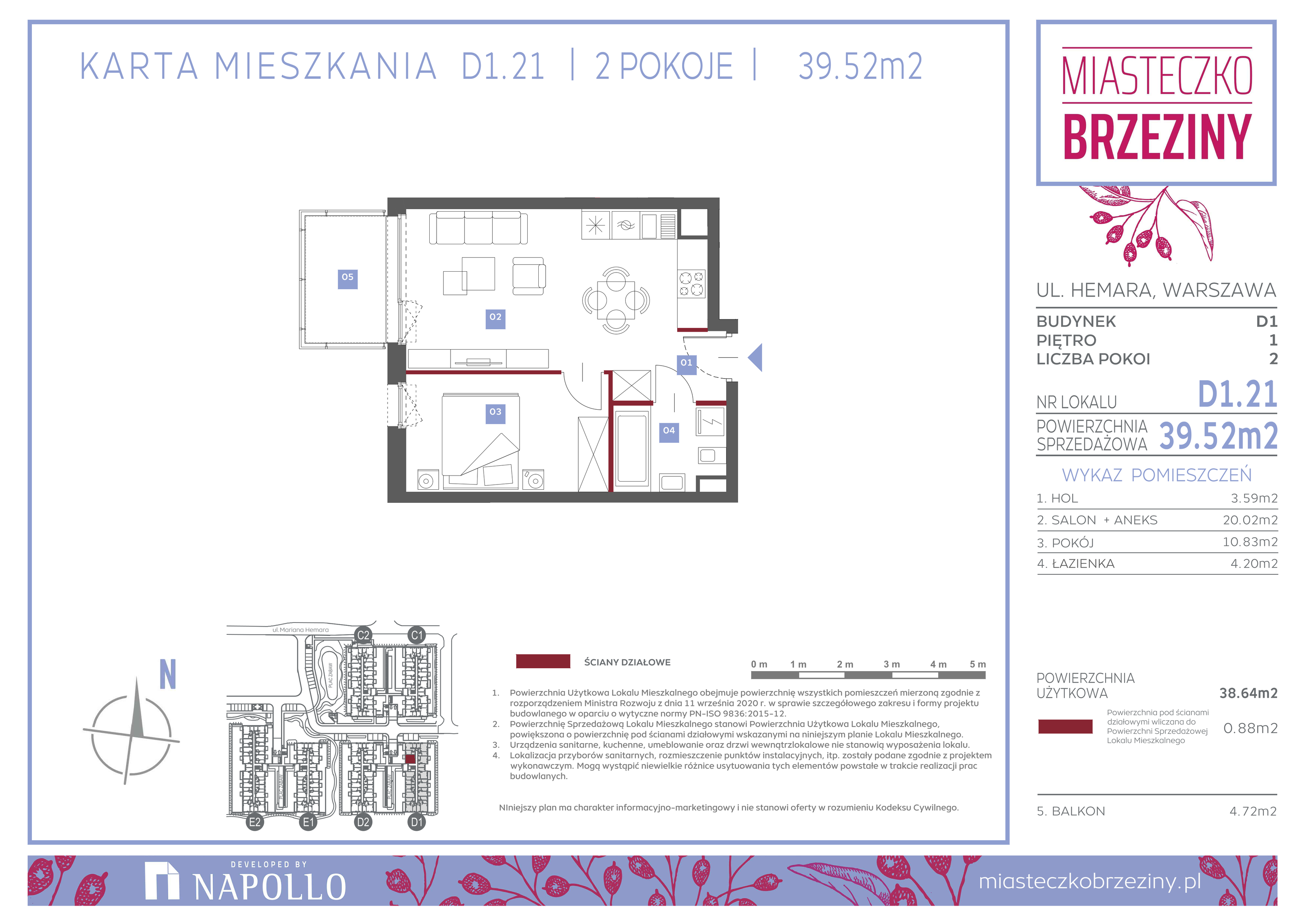 Mieszkanie 39,52 m², piętro 1, oferta nr D1.21, Miasteczko Brzeziny II, Warszawa, Białołęka, Brzeziny, ul. Hemara-idx